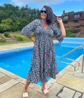 Navy Blue Shirred Detail Printed Midi Dress Dreamy Presence Soft-touch