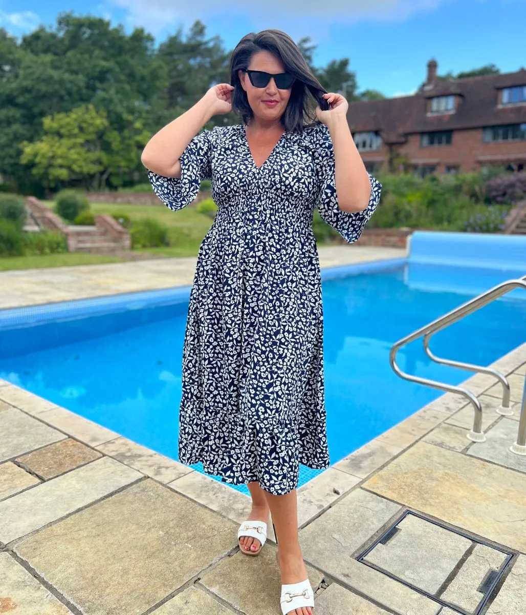 Inclusive Fit Navy Blue Shirred Detail Printed Midi Dress