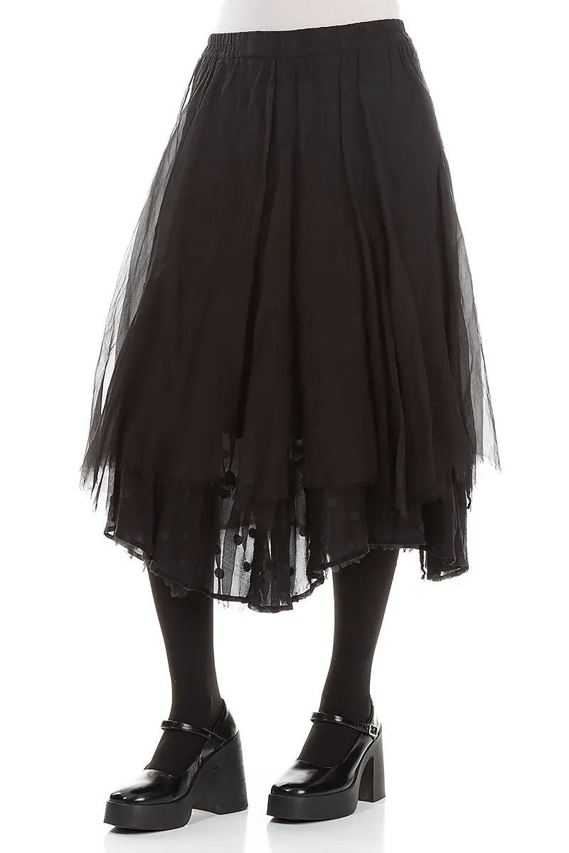 Flared Black Silk Chiffon Skirt Ruching Details