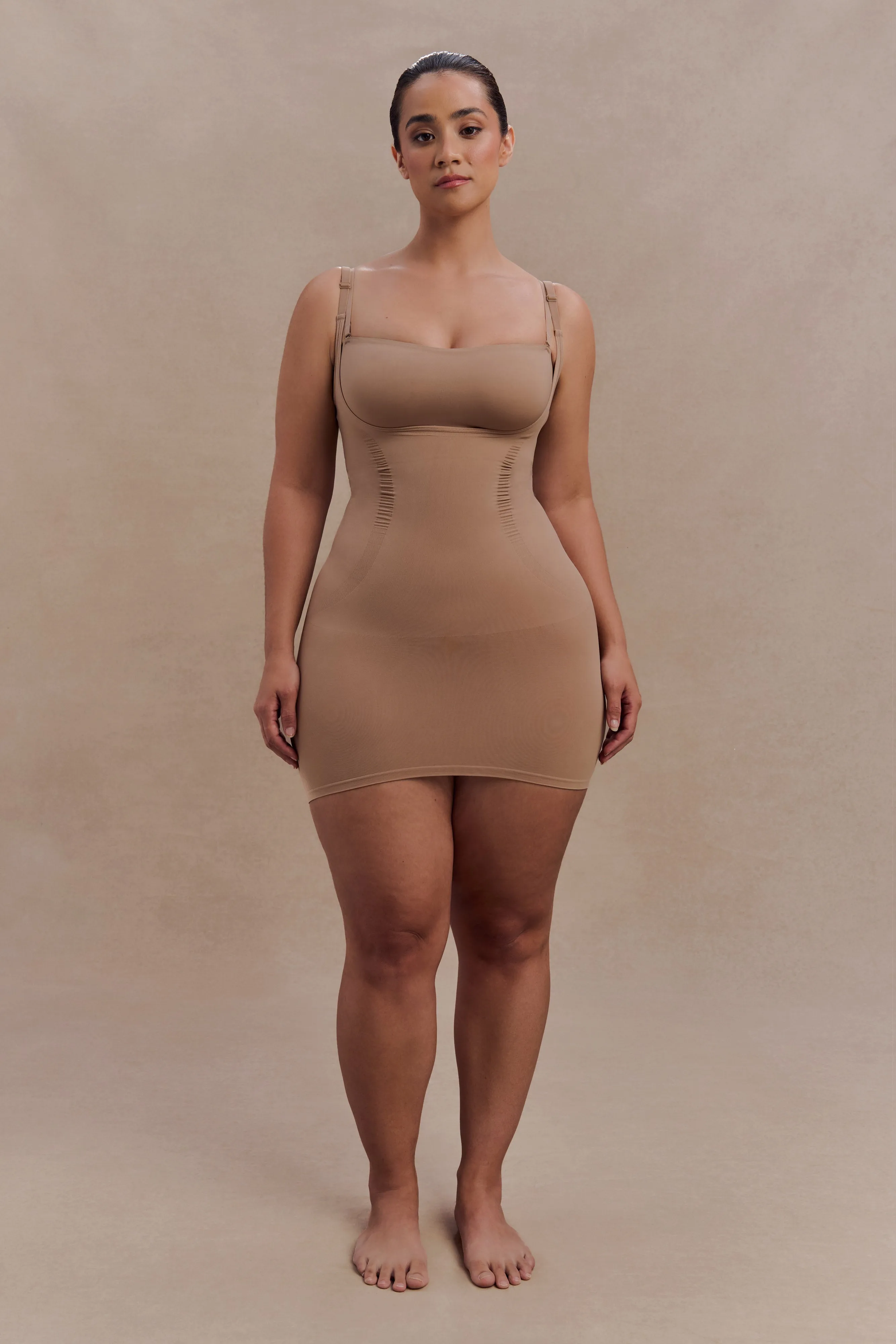 Jocelyn Backless Shapewear Mini Dress - Latte Glossy Fabric Tiered Skirt