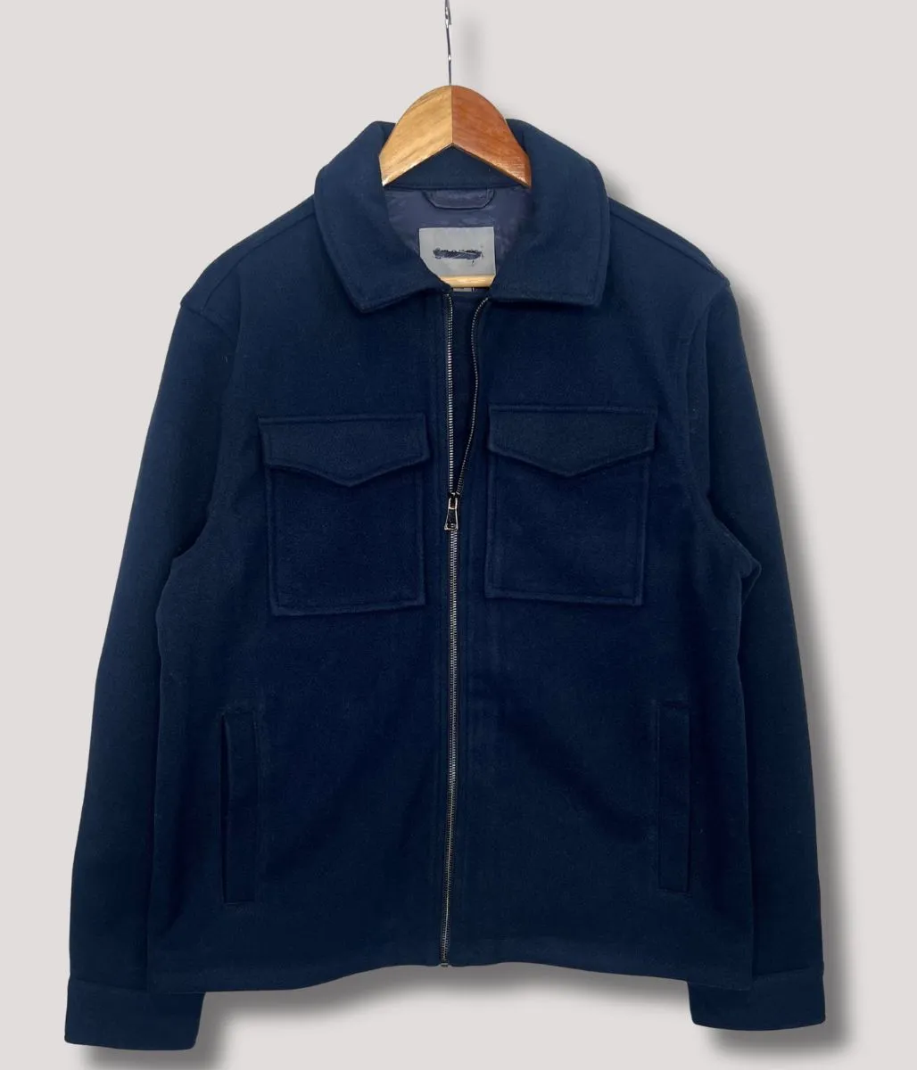 Mens Patch Pocket Zip Through Collared Navy Blue Jacket Breathable Design
