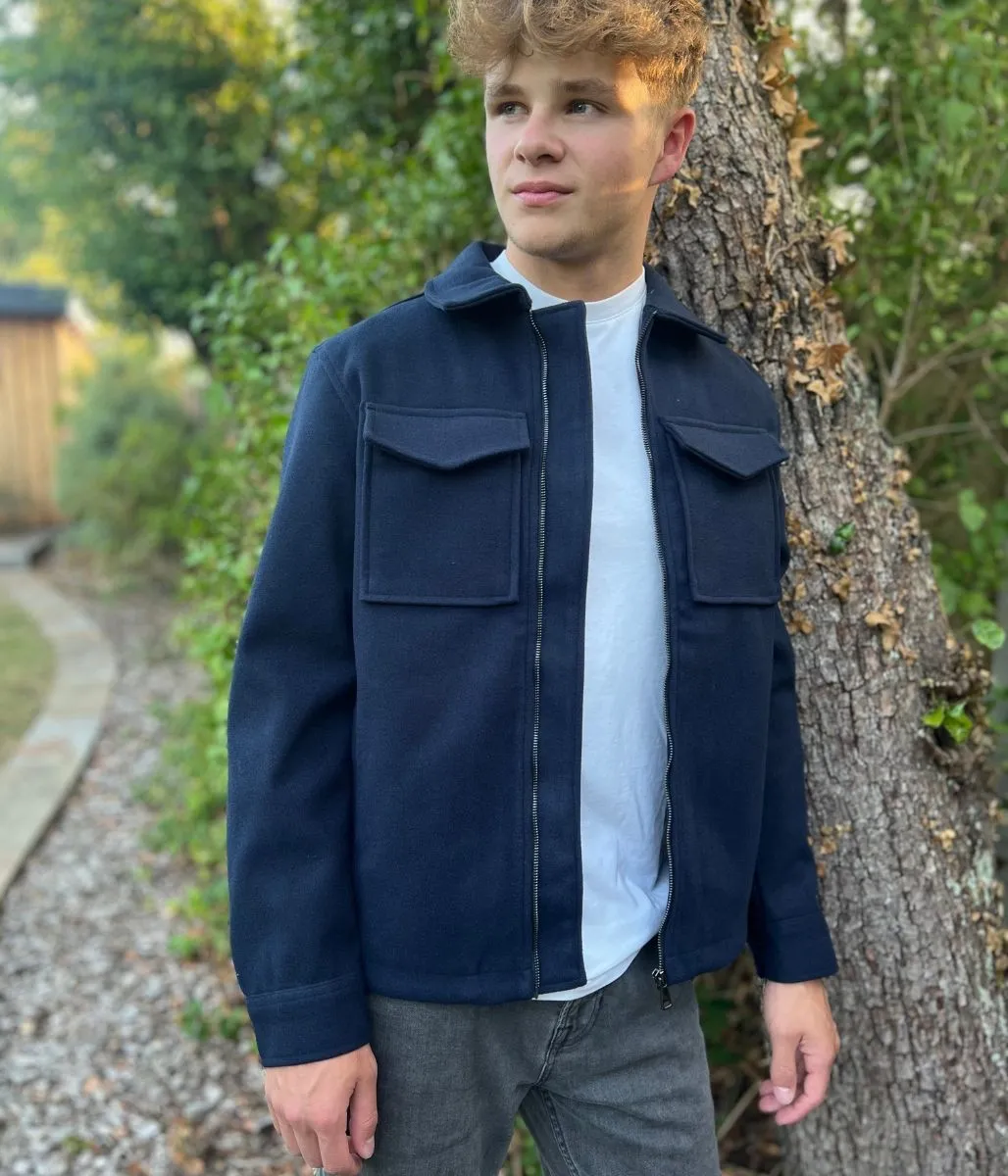 Mens Patch Pocket Zip Through Collared Navy Blue Jacket Monochrome Look Anti Pilling Technology