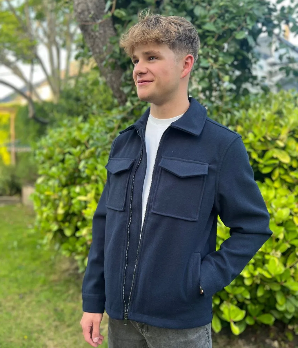 Mens Patch Pocket Zip Through Collared Navy Blue Jacket Temperature Regulating Lining