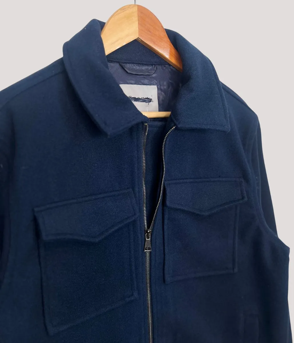 All Purpose Outerwear Cold Weather Gear Mens Patch Pocket Zip Through Collared Navy Blue Jacket