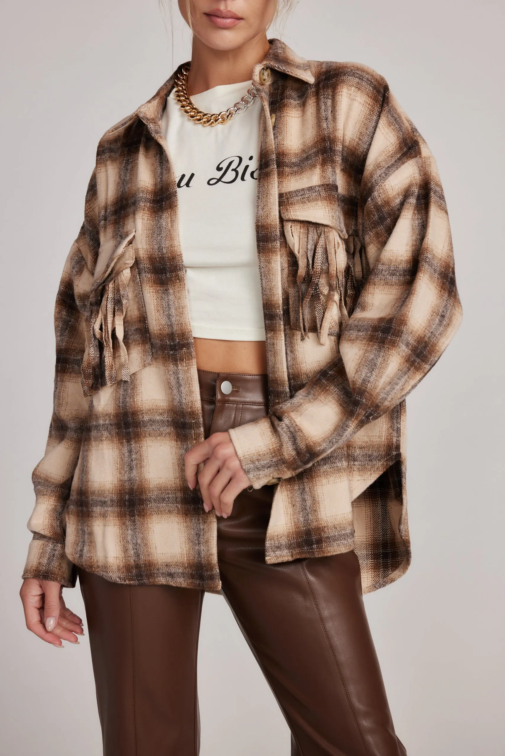 Devin Brown Fringe Shacket Simple Pullover SoftInteriorLining