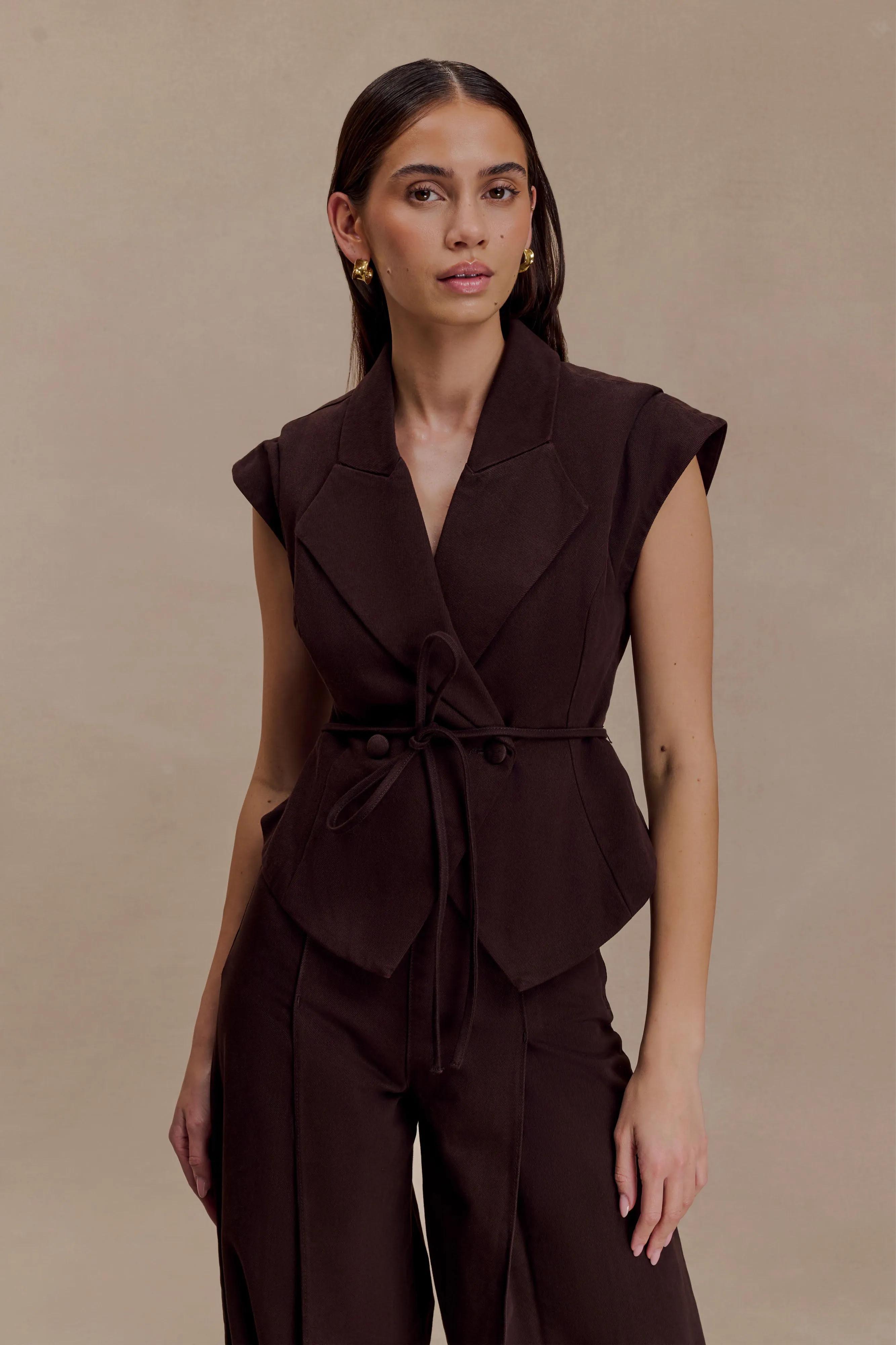 Charley Structured Tie Denim Top - Chocolate HypoallergenicConstruction QuickDry