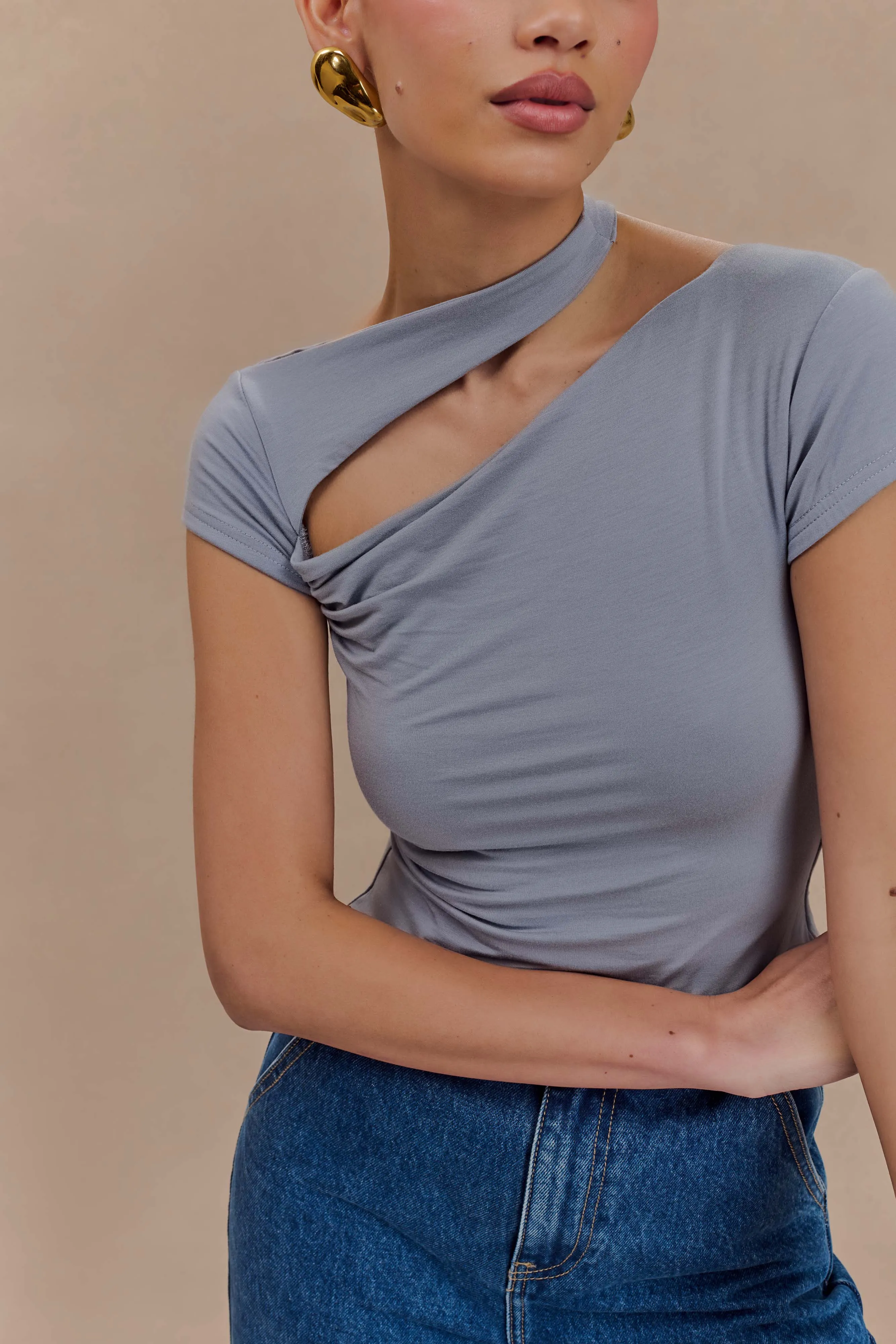 Tencel Cotton Hybrid Weave Aurelie Cut Out Short Sleeve Top - Slate Grey