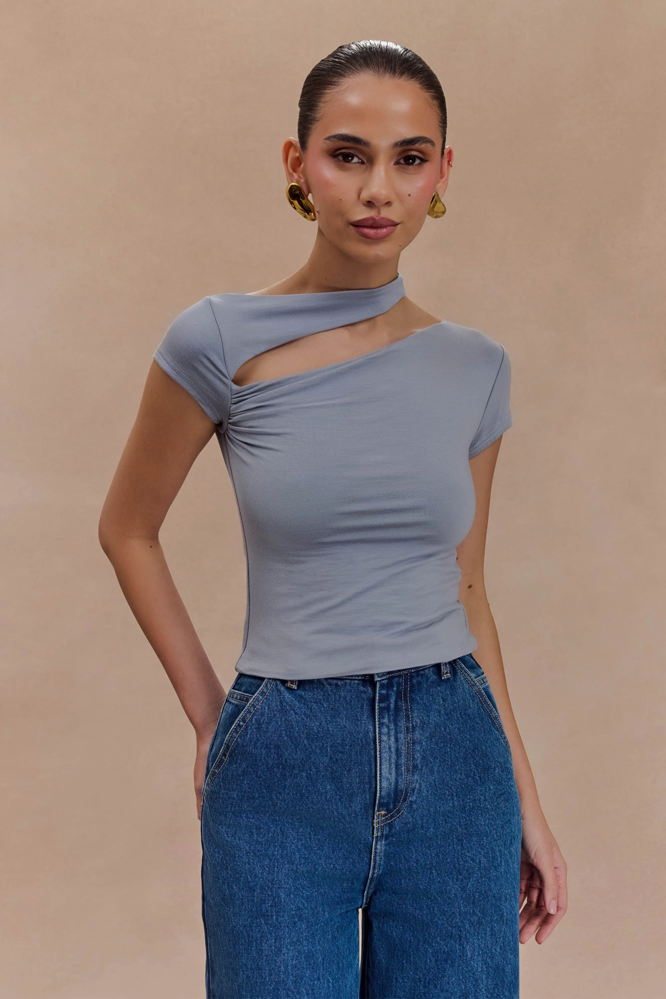 Formal Blouse Aurelie Cut Out Short Sleeve Top - Slate Grey