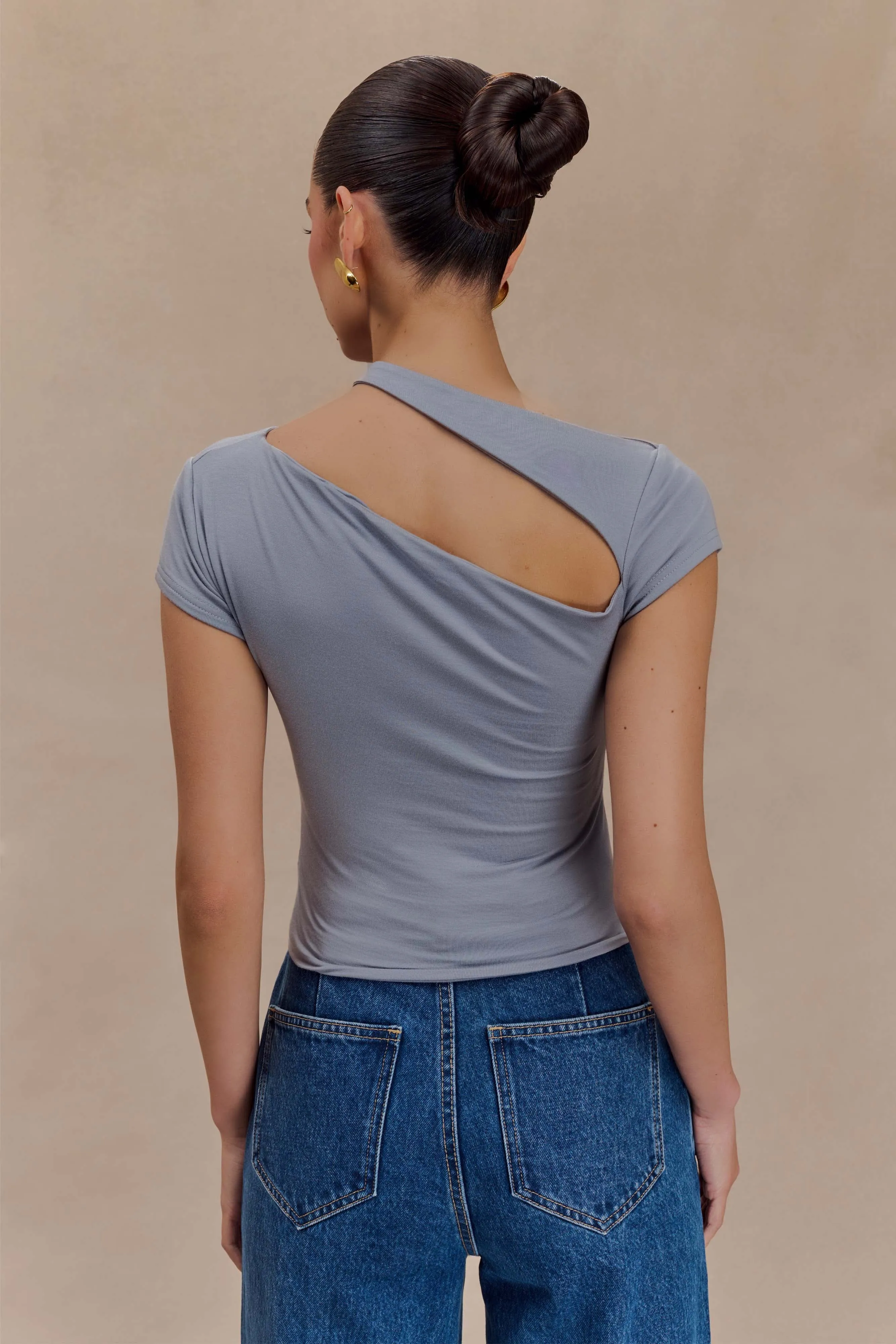 Layered Look Multi Panel Construction Aurelie Cut Out Short Sleeve Top - Slate Grey