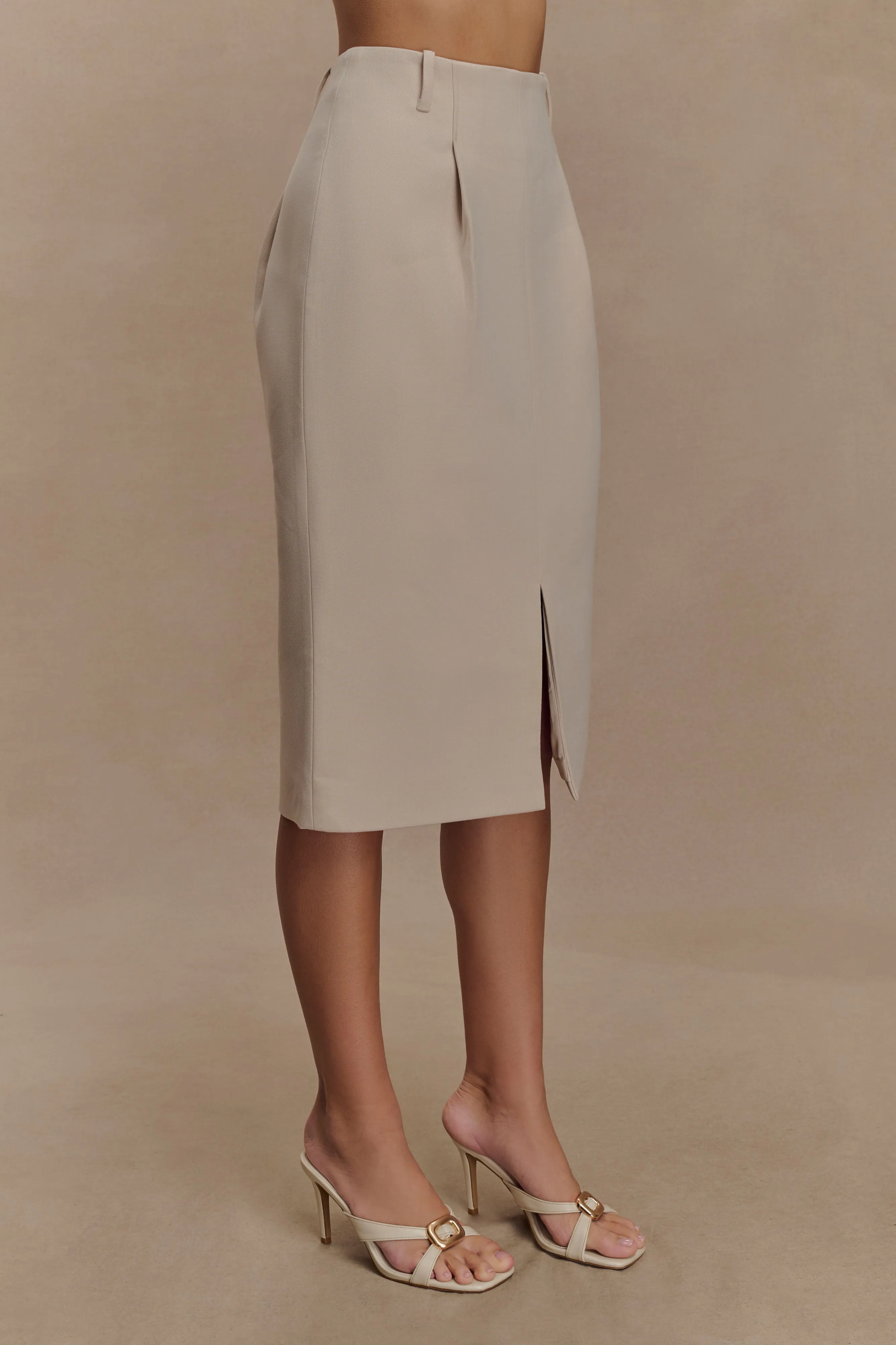 Minimal Cut Vera Suiting Split Front Midi Skirt - Ivory Stone