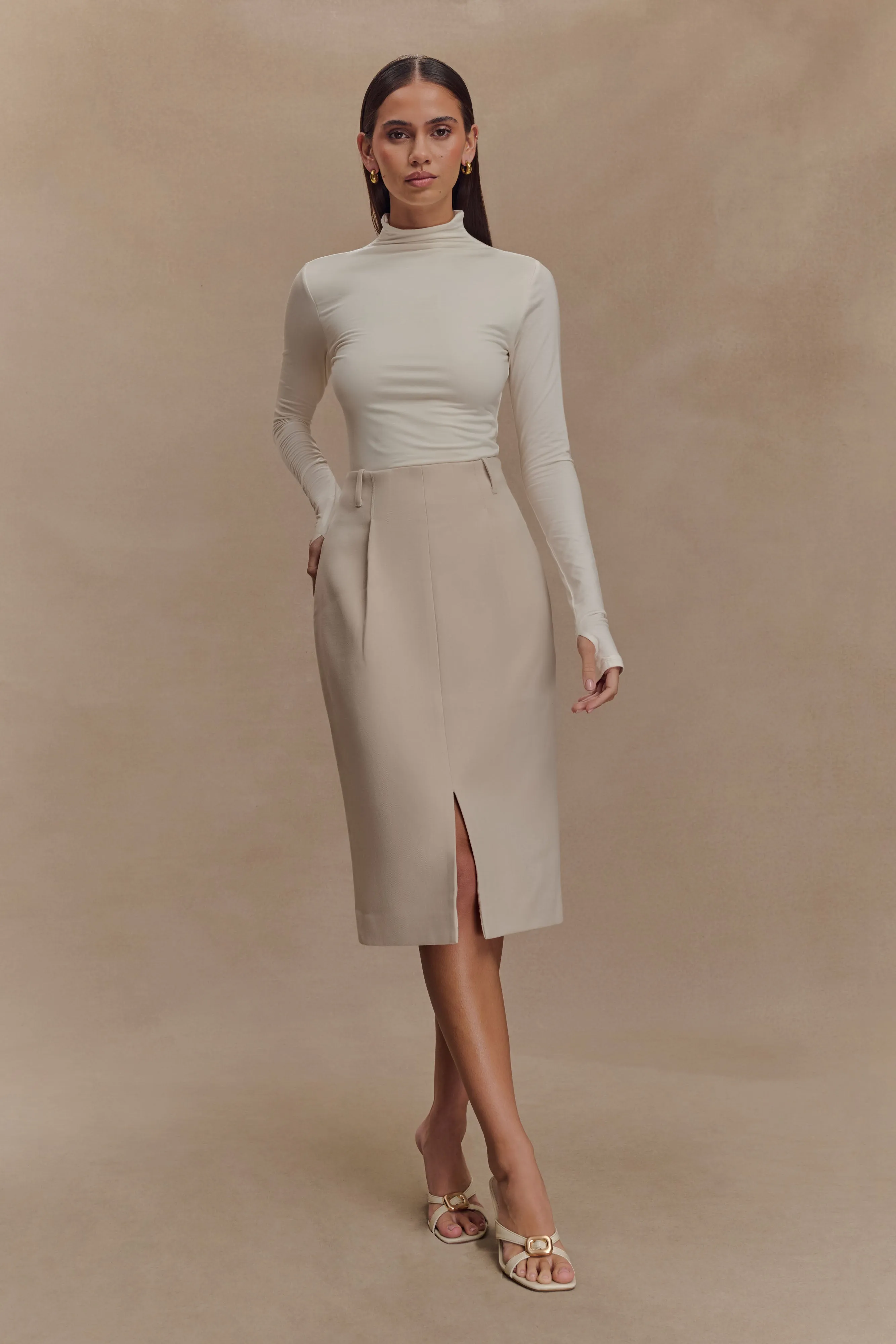 Roomy Shape Athletic Flex Wear Vera Suiting Split Front Midi Skirt - Ivory Stone
