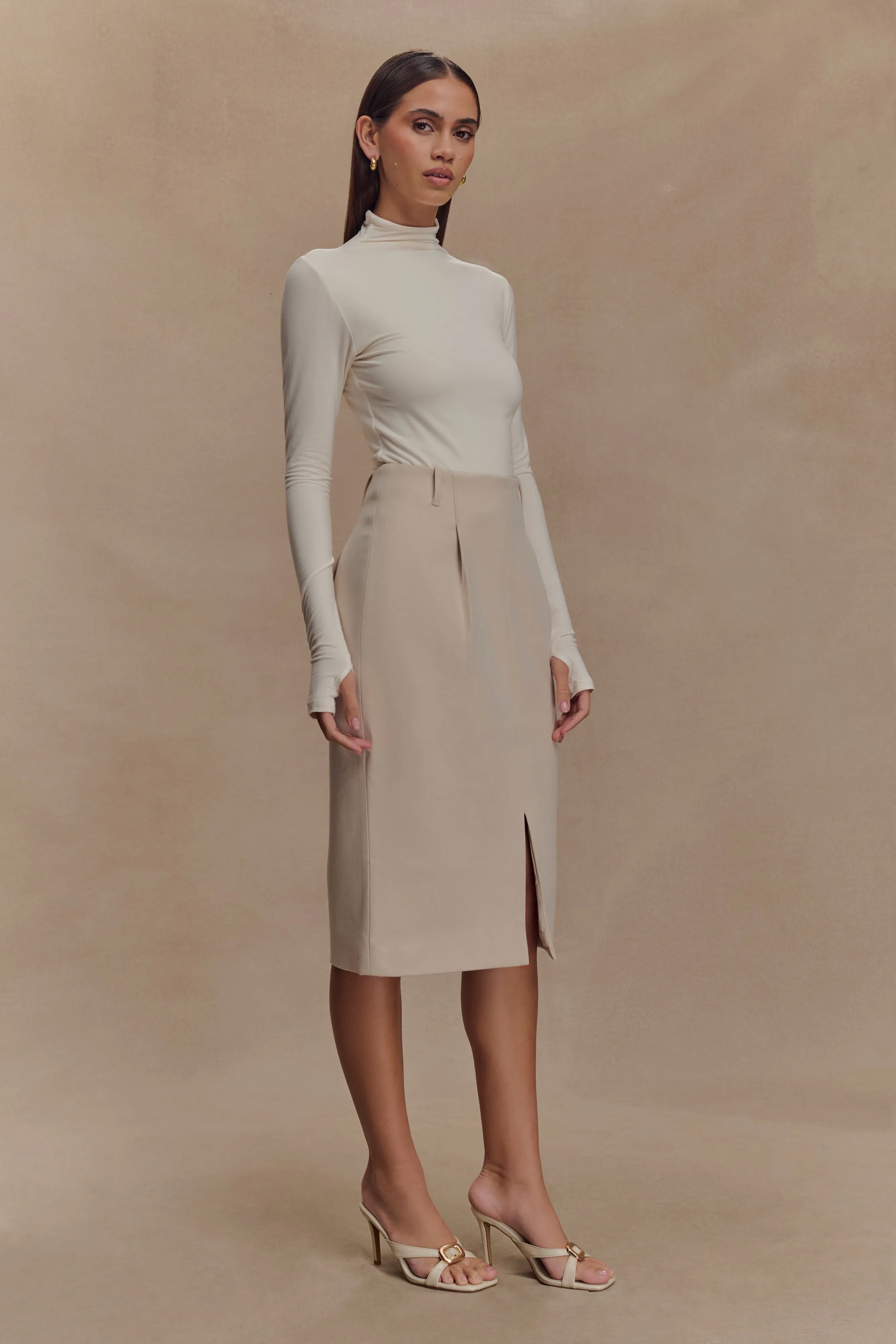 Vera Suiting Split Front Midi Skirt - Ivory Stone Classic Fit