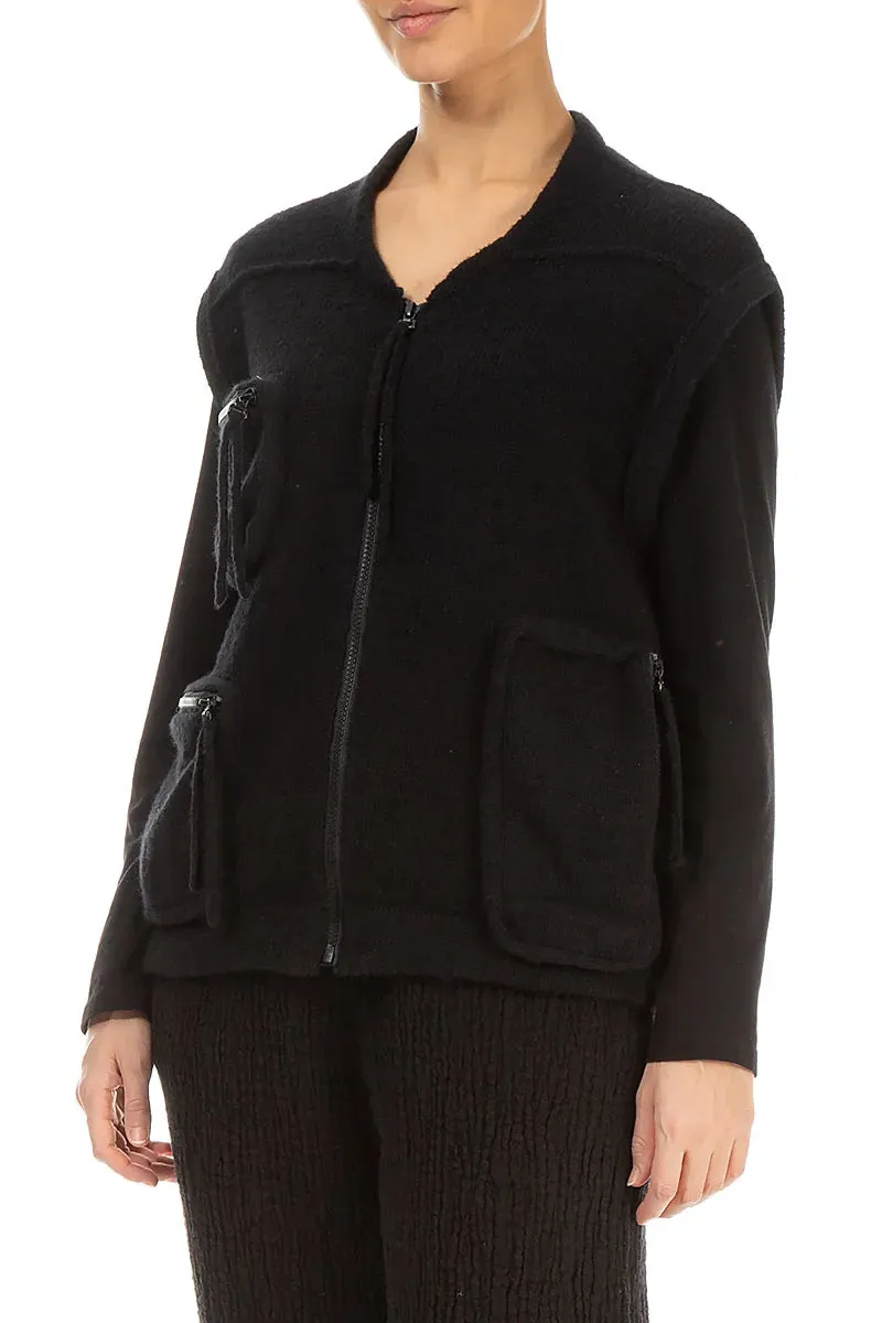 WrinkleFreeFinish Embellished Trim Three Pockets Black Wool Gilet