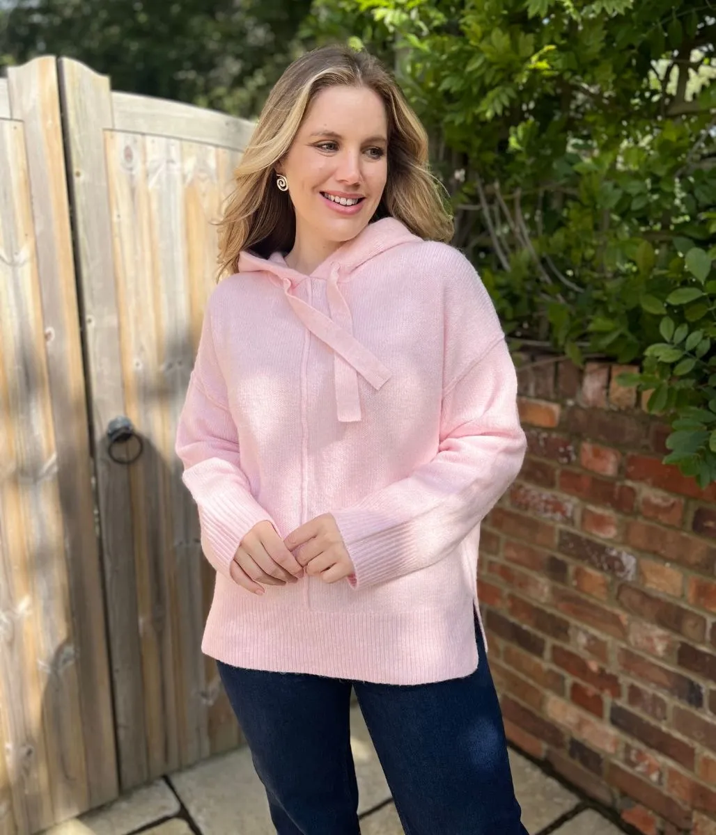 Comfort Fit Pink Relaxed Knitted Hooded Jumper