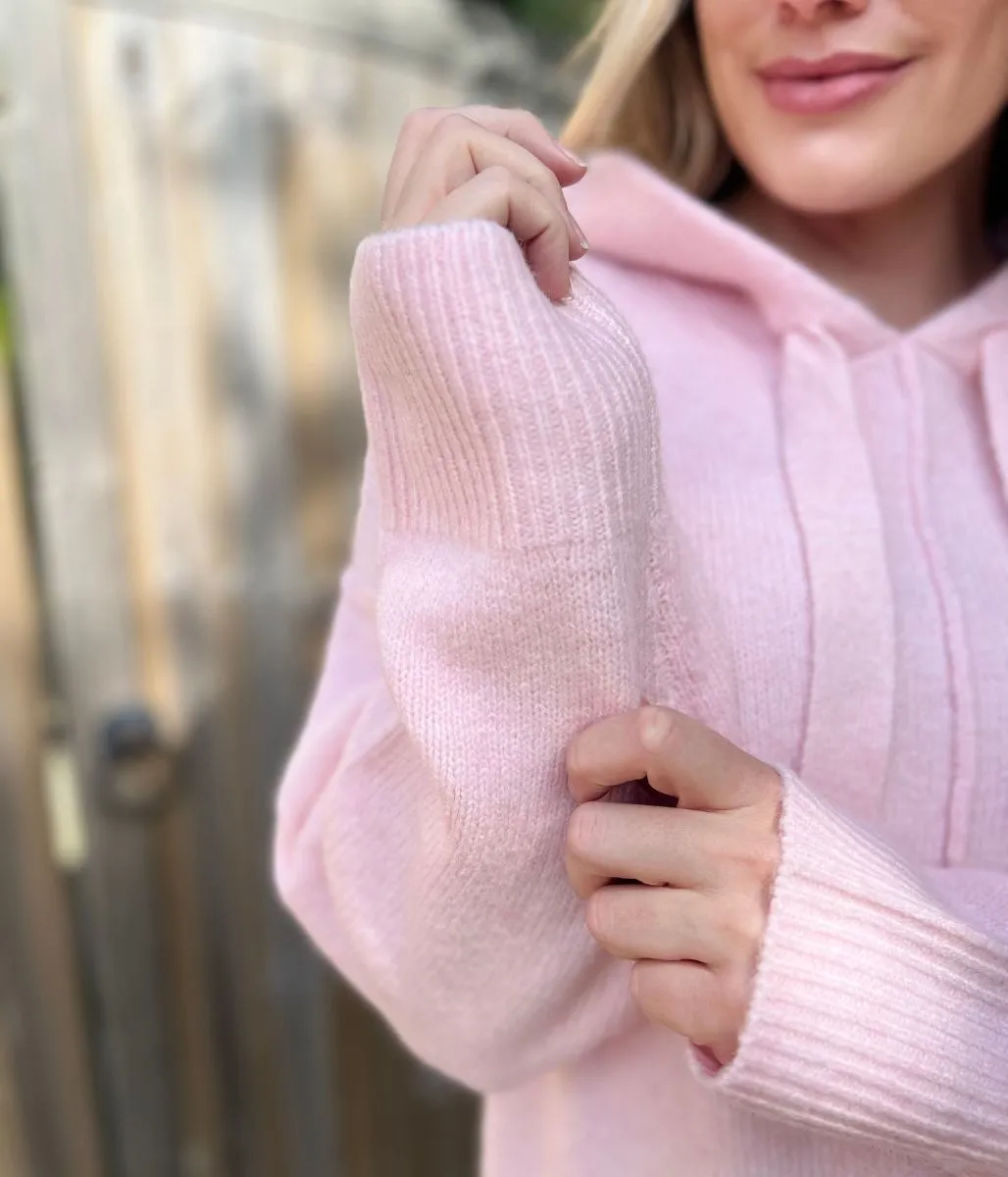 Textured Weave Perfect Knit Pink Relaxed Knitted Hooded Jumper