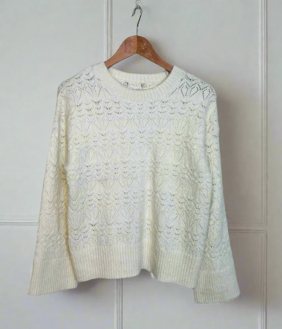 Ivory Crochet knit Wool Blend Jumper Cozy Fit