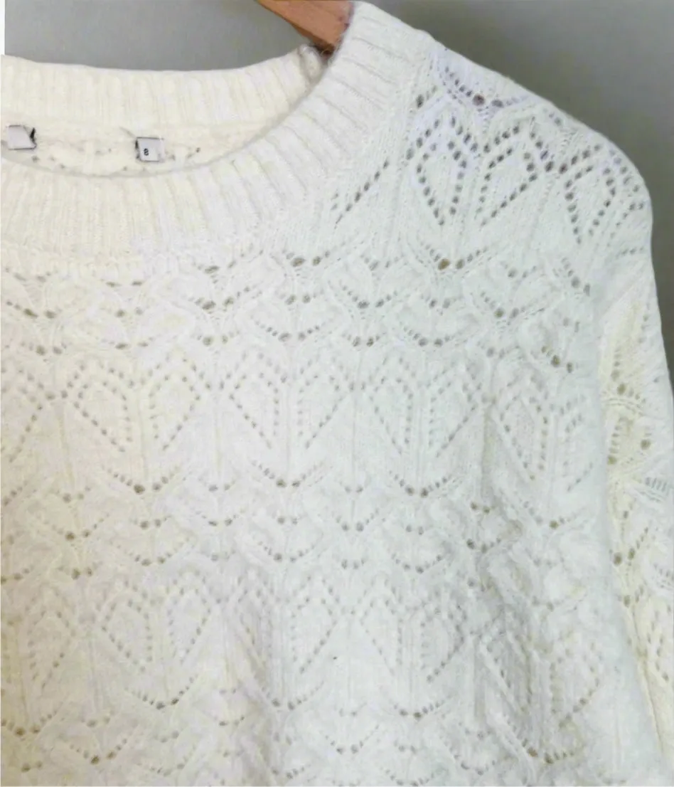 Ivory Crochet knit Wool Blend Jumper Thermal Locking Yarn