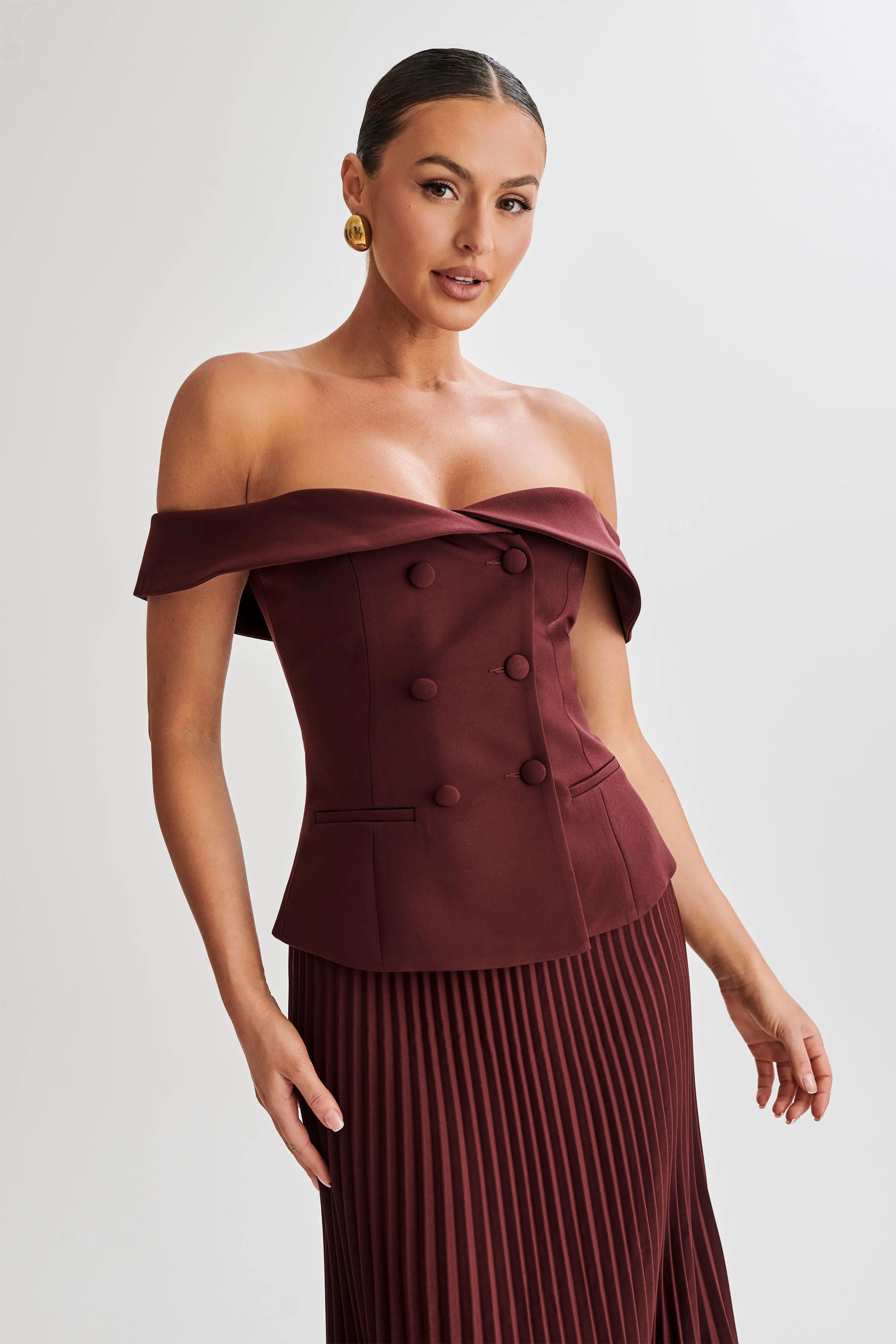 Krista Strapless Suiting Top - Plum Quick Access Slit Microfiber texture