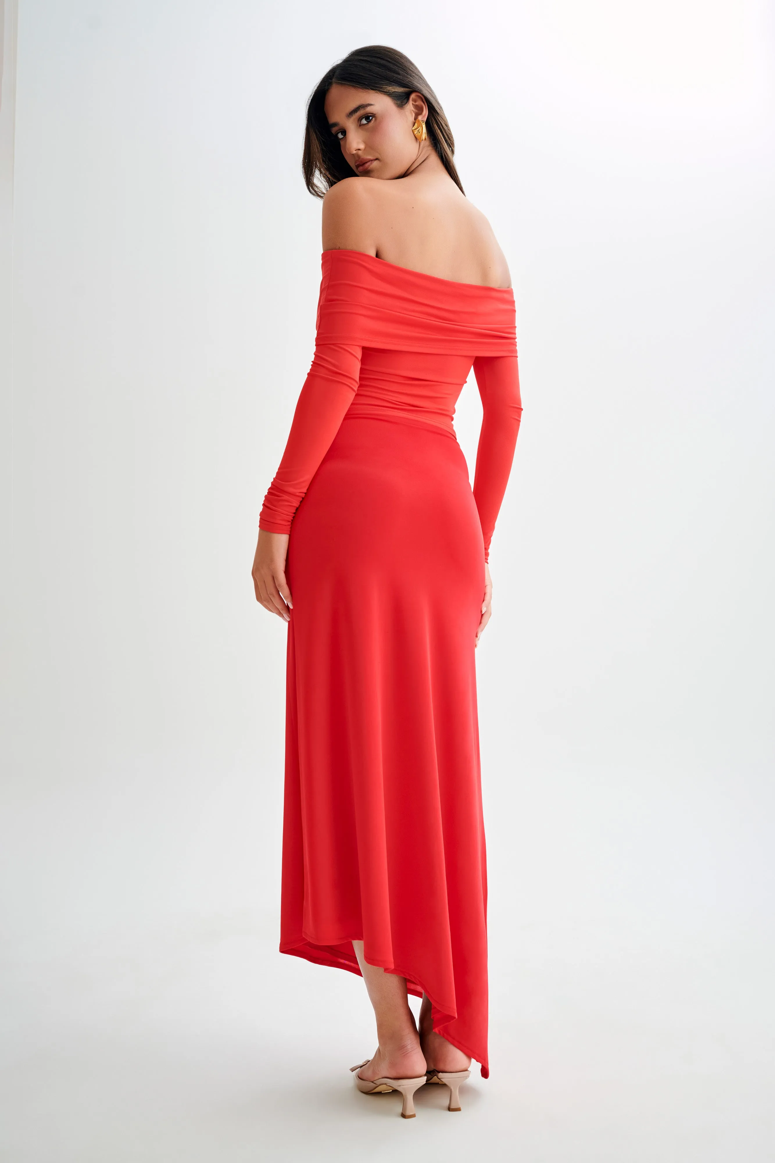 Breathable Linen Blend Prue Ruched Off Shoulder Long Sleeve Top - Pomegranate