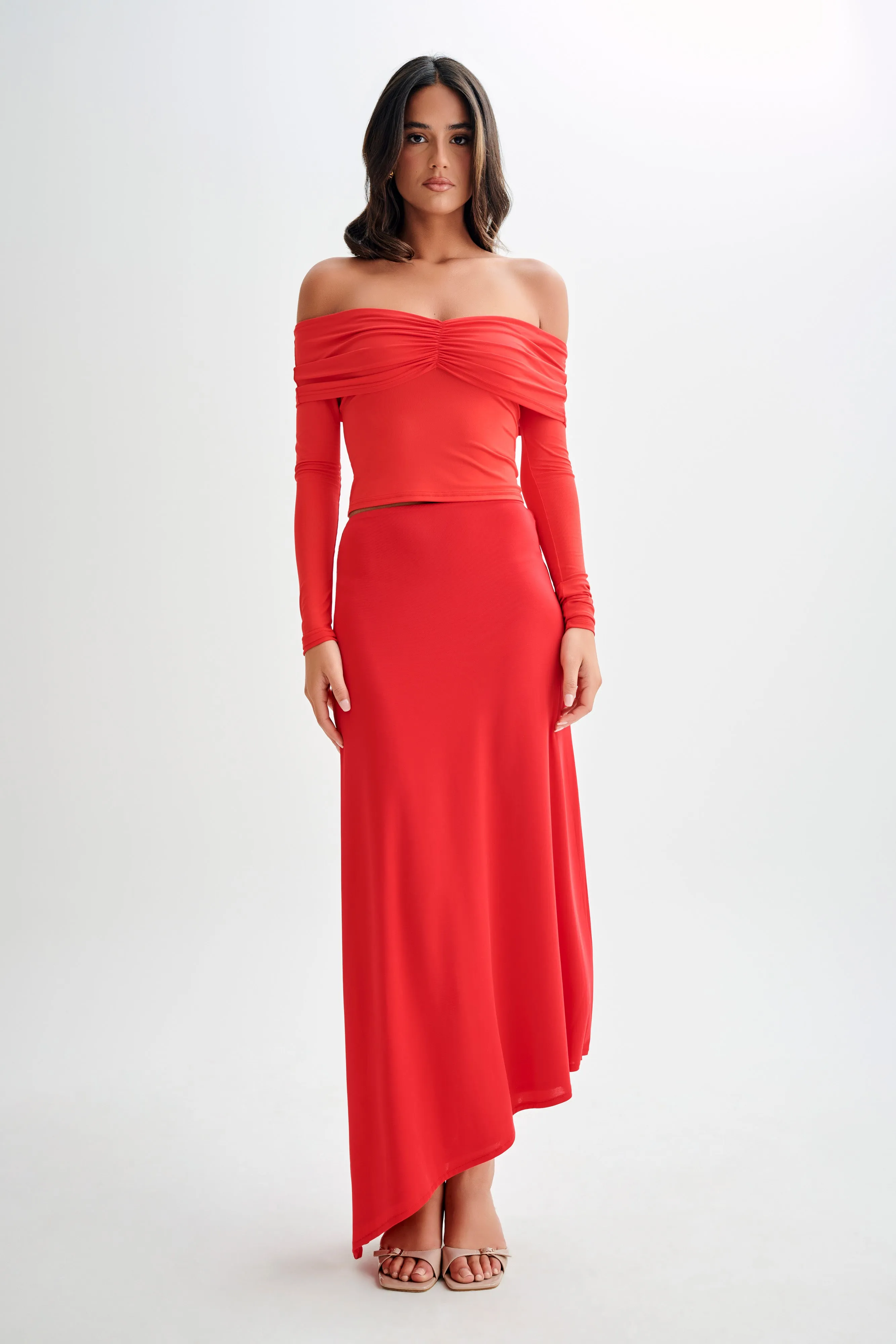Prue Ruched Off Shoulder Long Sleeve Top - Pomegranate Contrast Stitch Detail Stretchable Knit