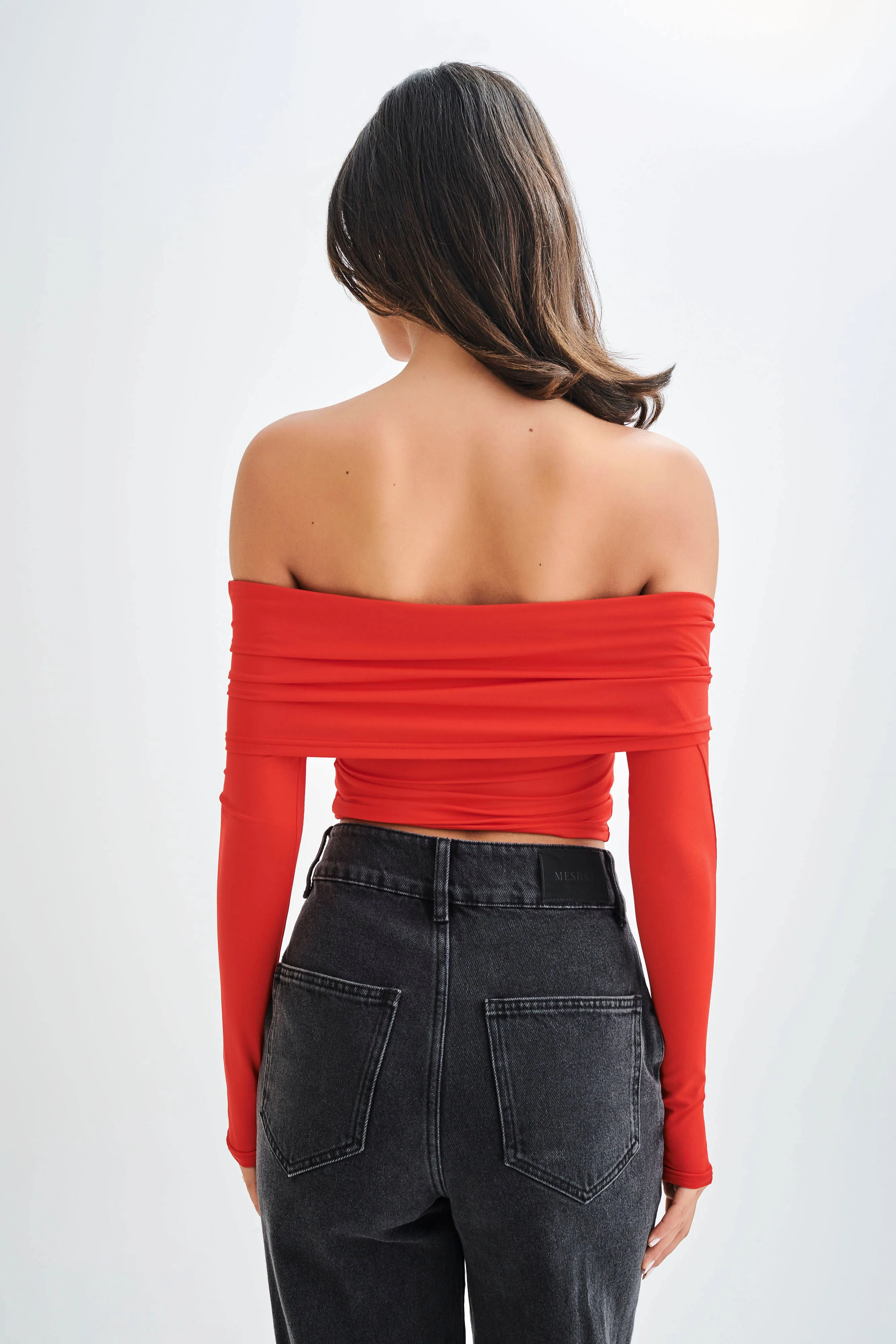 Easy Care Fabric Prue Ruched Off Shoulder Long Sleeve Top - Pomegranate