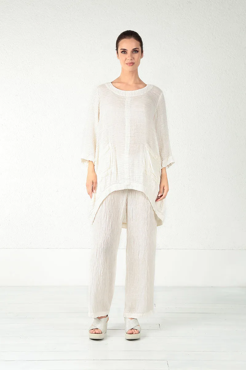 Straight Crinkled Off White Trousers Tough Materials City Ready