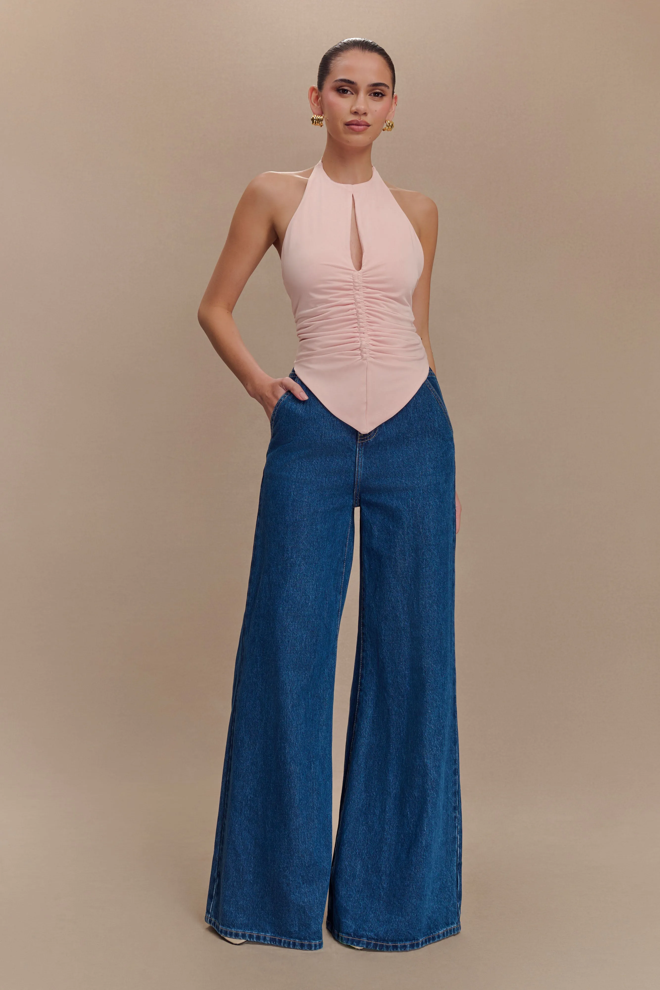Linda Slinky Ruched Halter Top - Pale Pink StretchKnit ContrastTipping