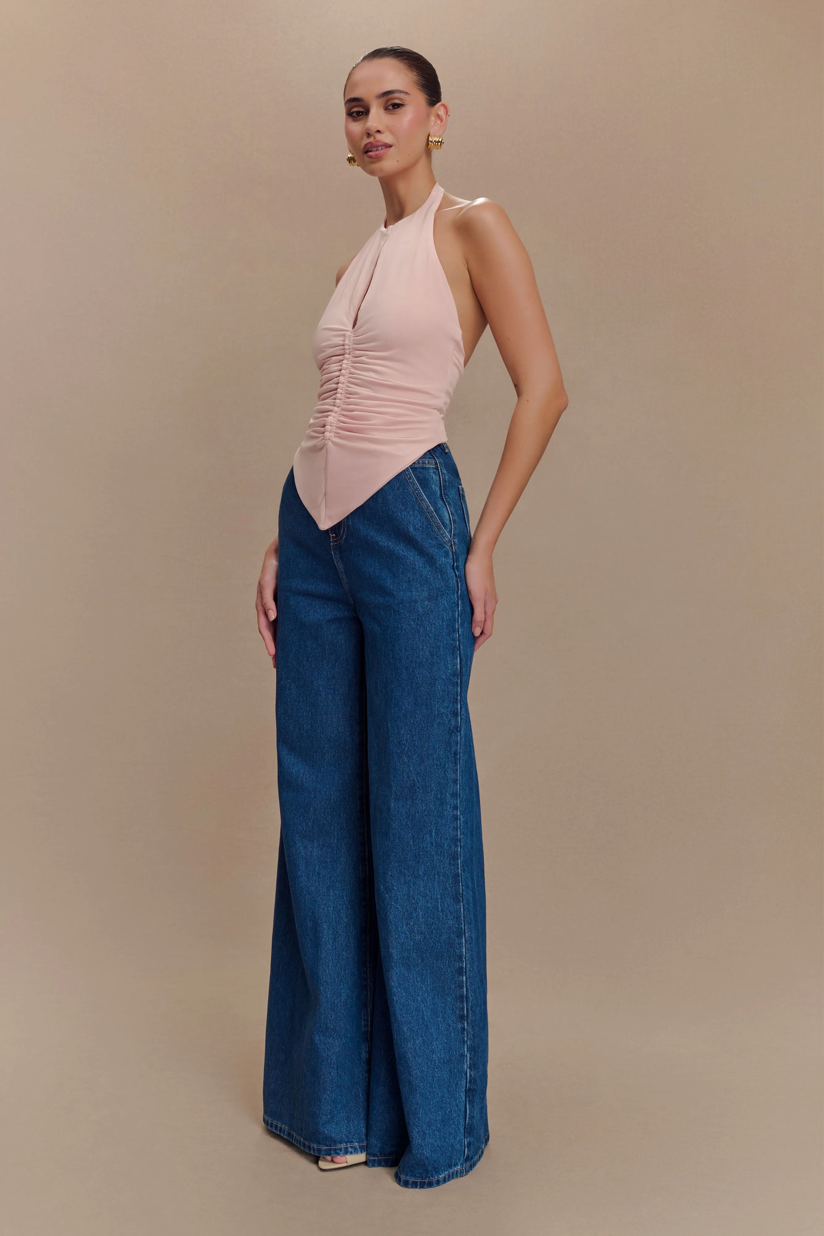 AllDayComfort Reinforced Hem Linda Slinky Ruched Halter Top - Pale Pink