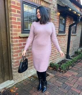 Pink Ribbed Knitted Funnel Neck Dress Smart Fit Wear Timeless Soft