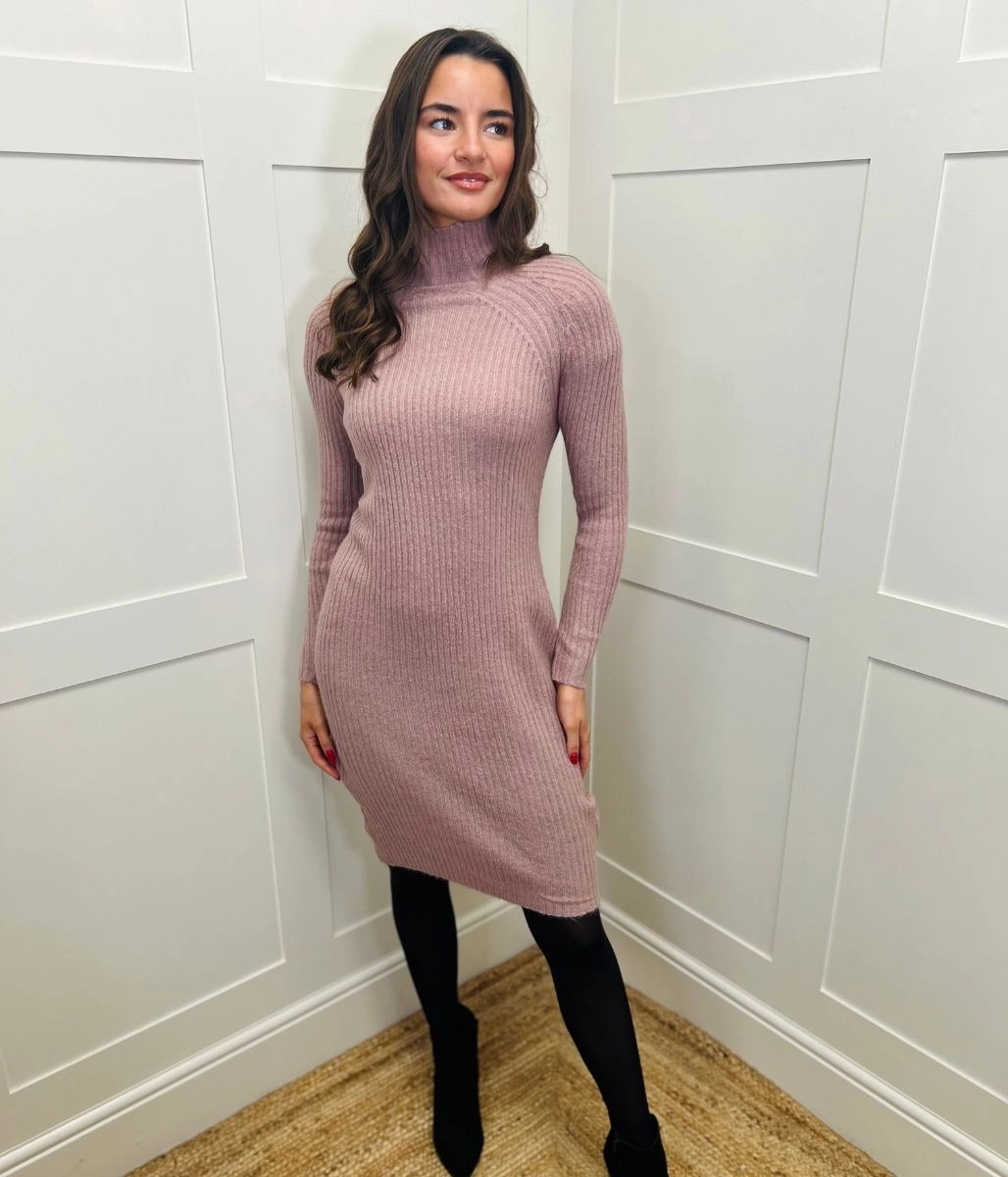 Pink Ribbed Knitted Funnel Neck Dress tailored look