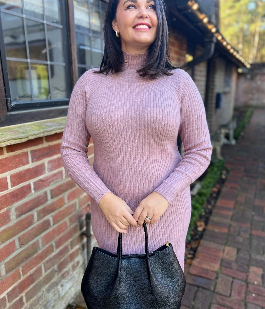 Pink Ribbed Knitted Funnel Neck Dress Side Pleats Classic structured dress