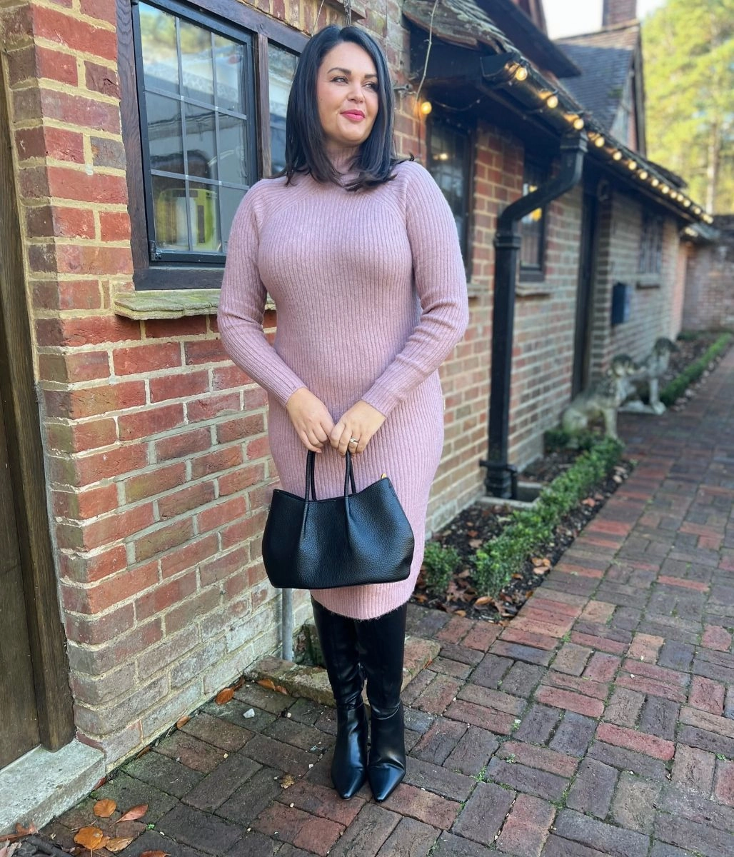 Sheer Element Pink Ribbed Knitted Funnel Neck Dress