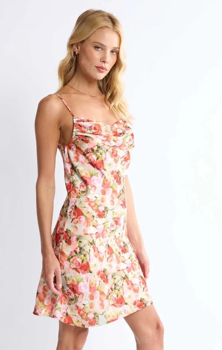Feminine flowing piece FLORAL COWL NECK MINI DRESS