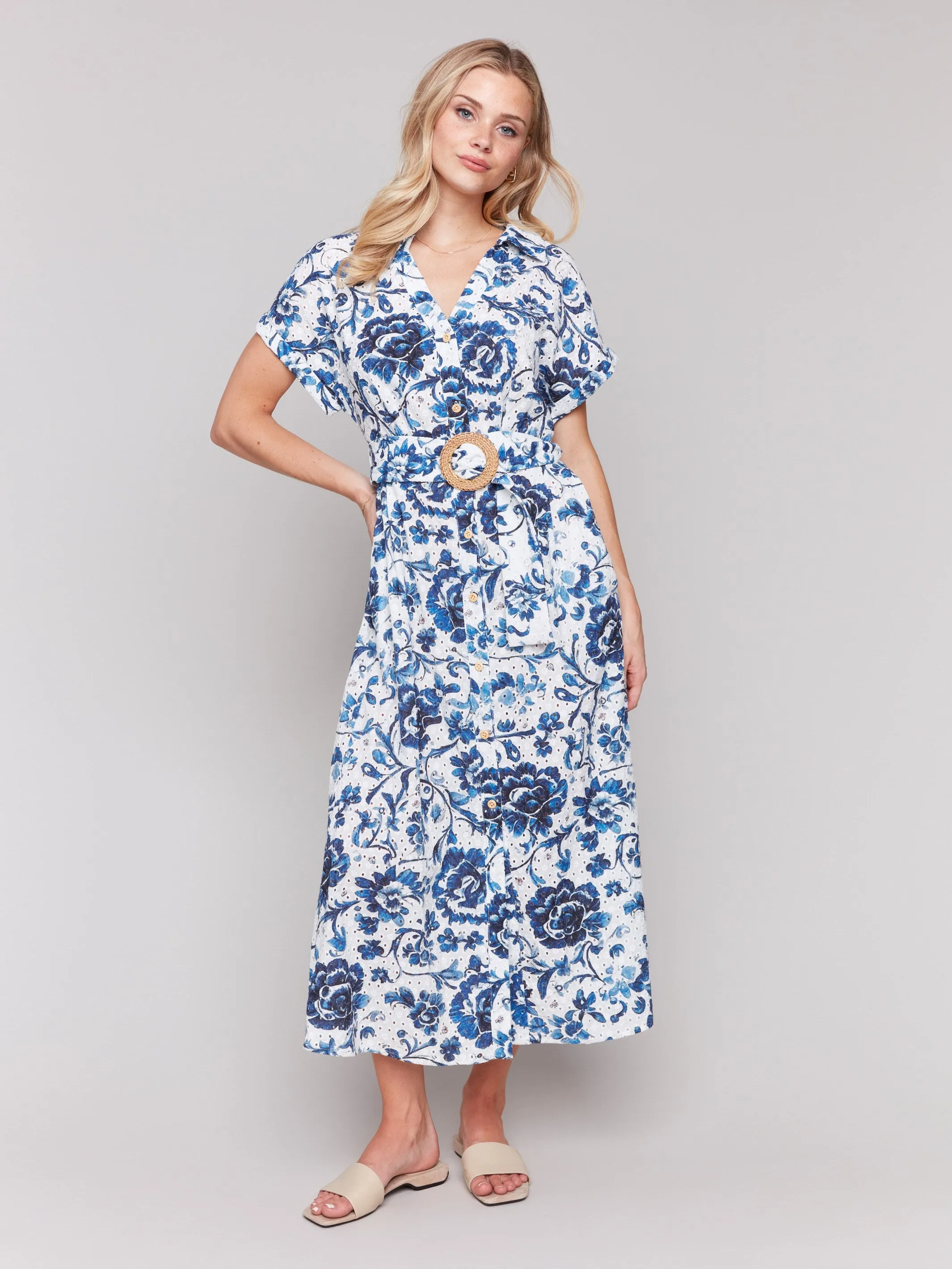 Formal Setting Casual-Look Floral Print Cotton Maxi Dress - Delphinium