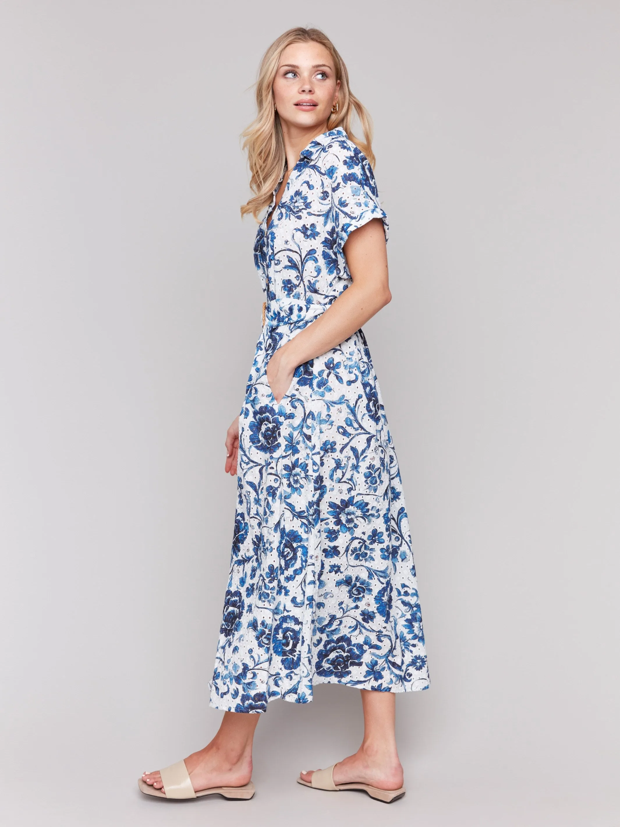 Breezy Comfort Smart Lines Floral Print Cotton Maxi Dress - Delphinium