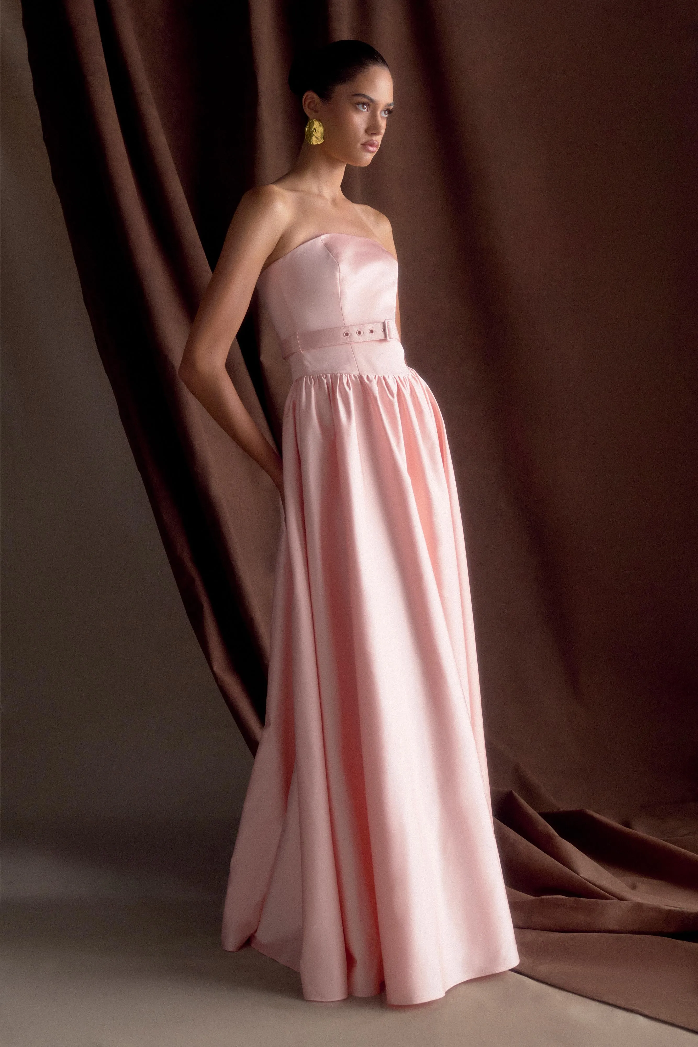 Light Aesthetic Natural Style Florence Strapless Belted Maxi Dress - Baby Pink