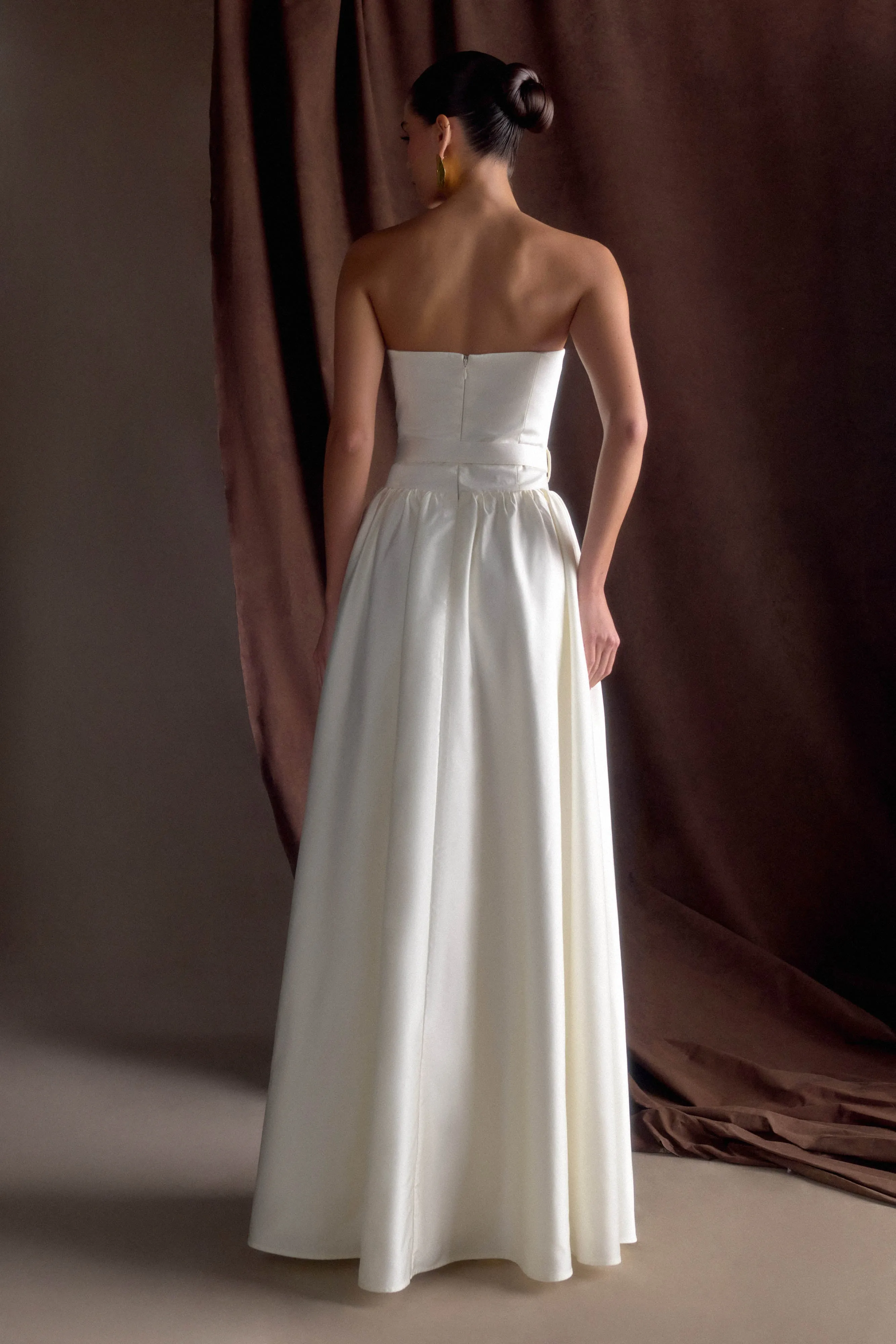 Draped Fabric Premium Quality Florence Strapless Belted Maxi Dress - White