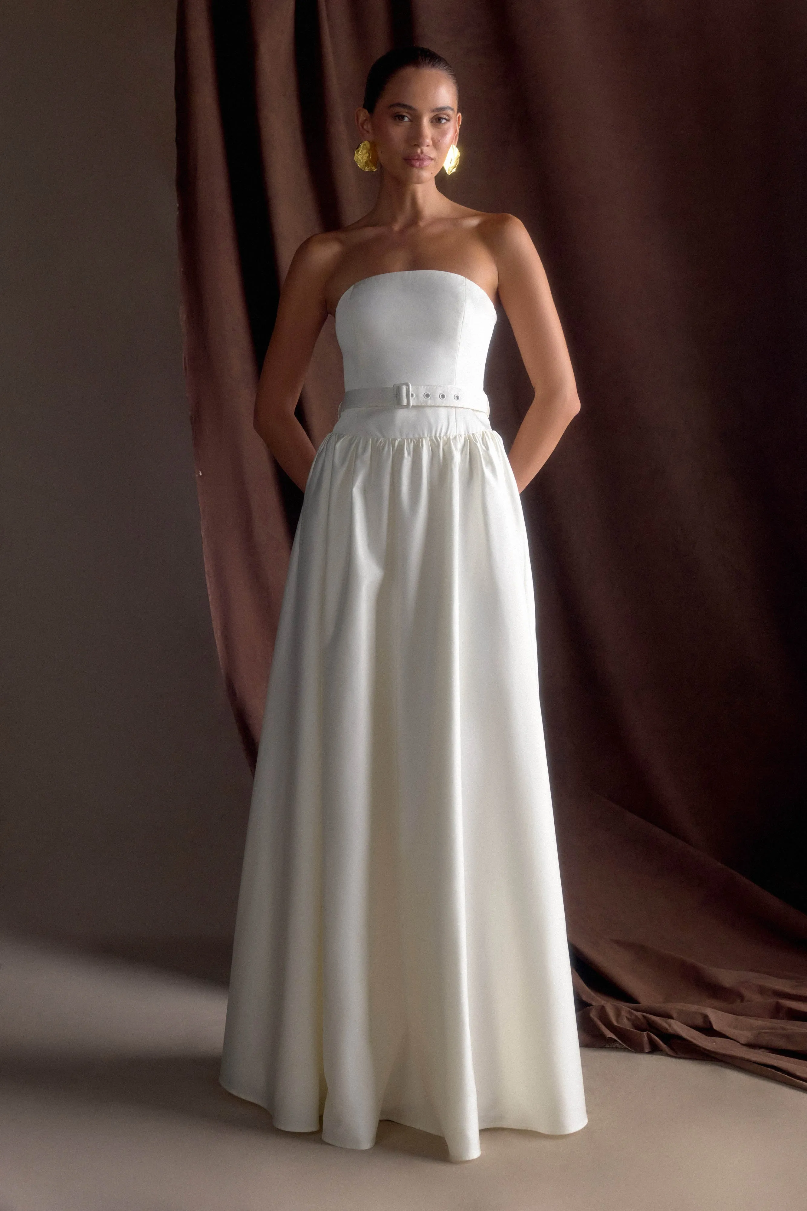 A Line Cut Button Chic Florence Strapless Belted Maxi Dress - White