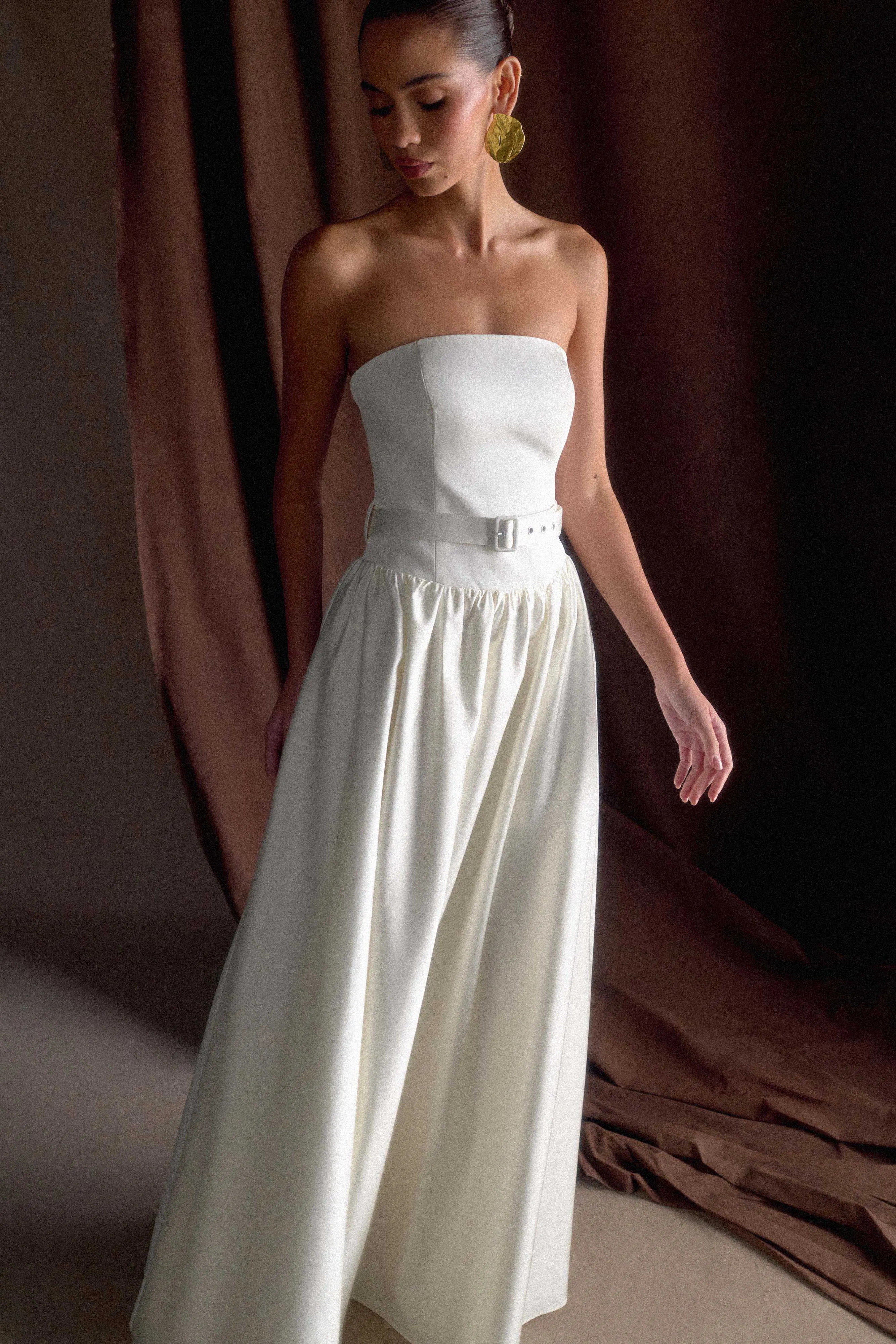 Florence Strapless Belted Maxi Dress - White monochrome Care-Instructions-Included