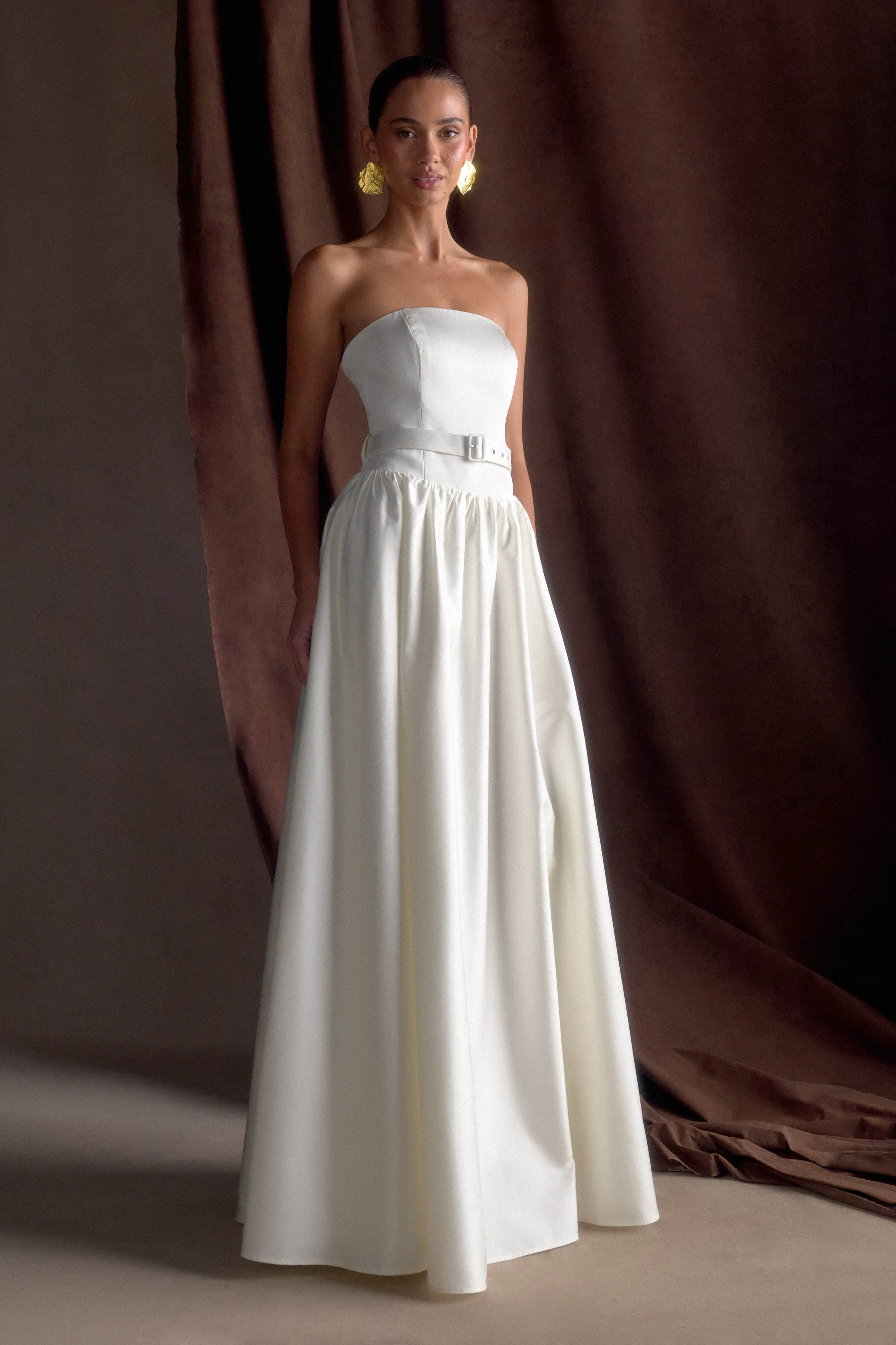 Florence Strapless Belted Maxi Dress - White Skin Tone Stylish Silhouette