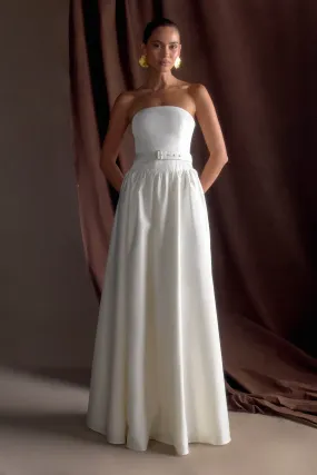 A Line Cut Button Chic Florence Strapless Belted Maxi Dress - White
