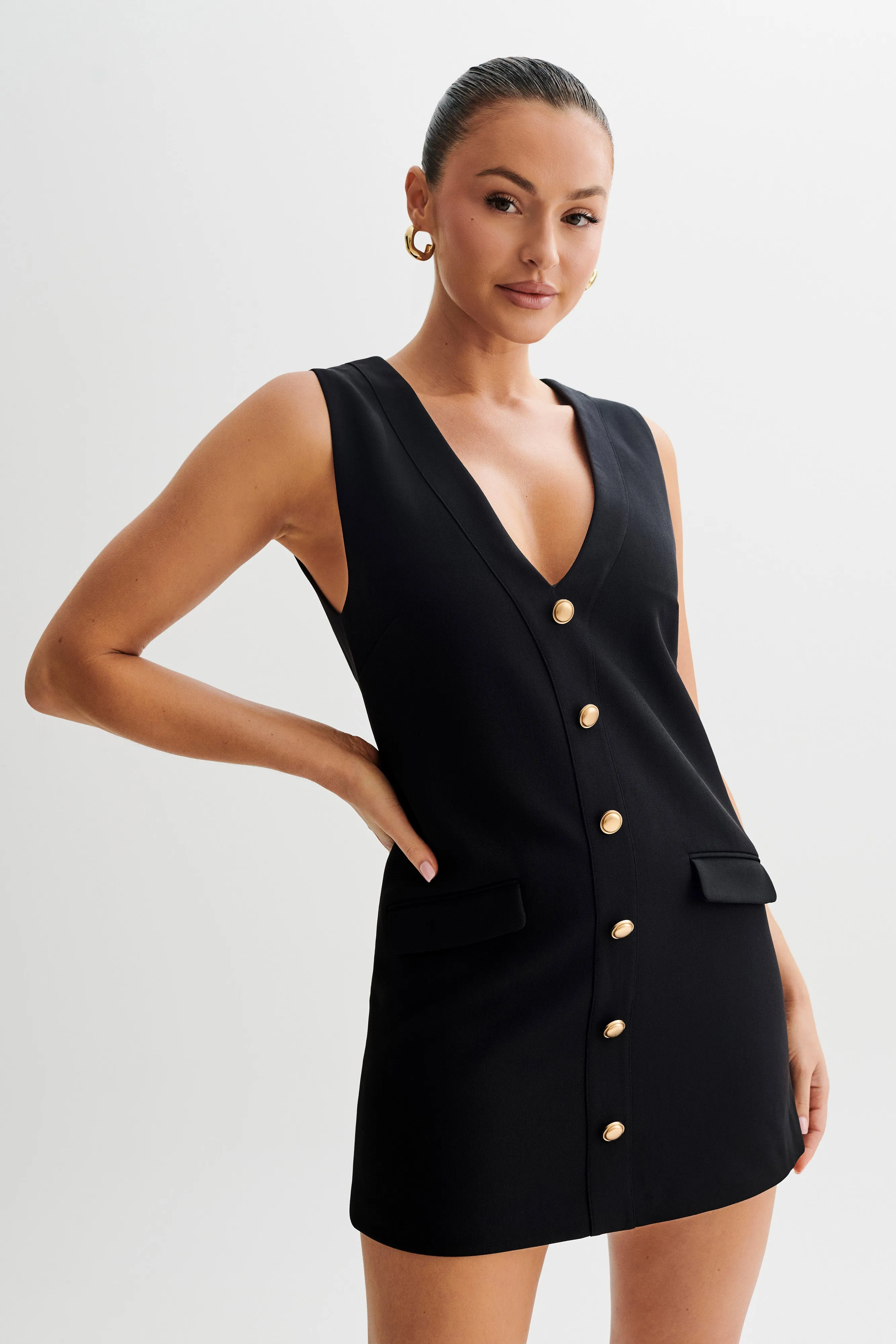 Frayed-Edge Relaxed Layers Florentina Sleeveless Suiting Mini Dress - Black