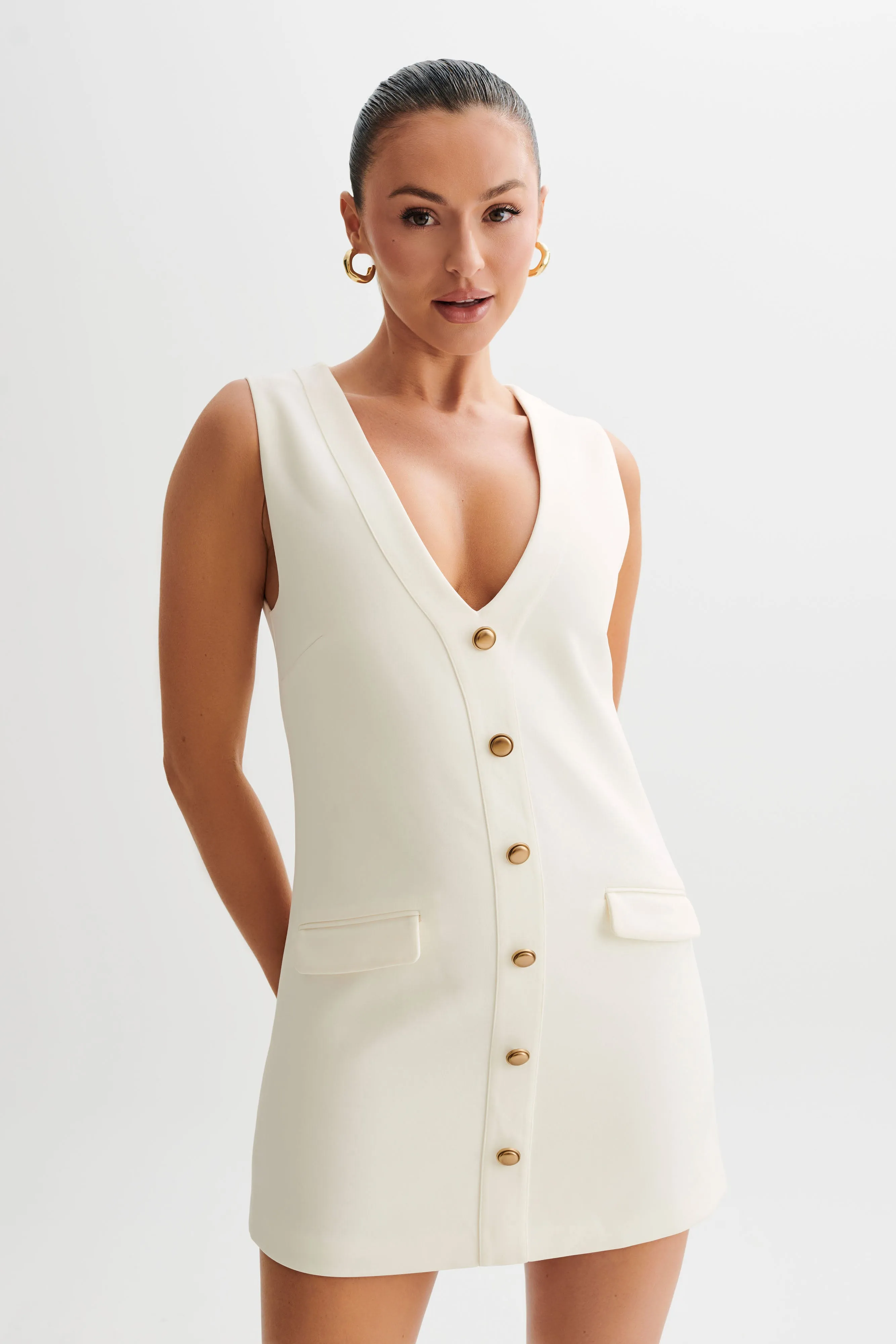 Crinkle Effect Smart Fabric Florentina Sleeveless Suiting Mini Dress - Ivory