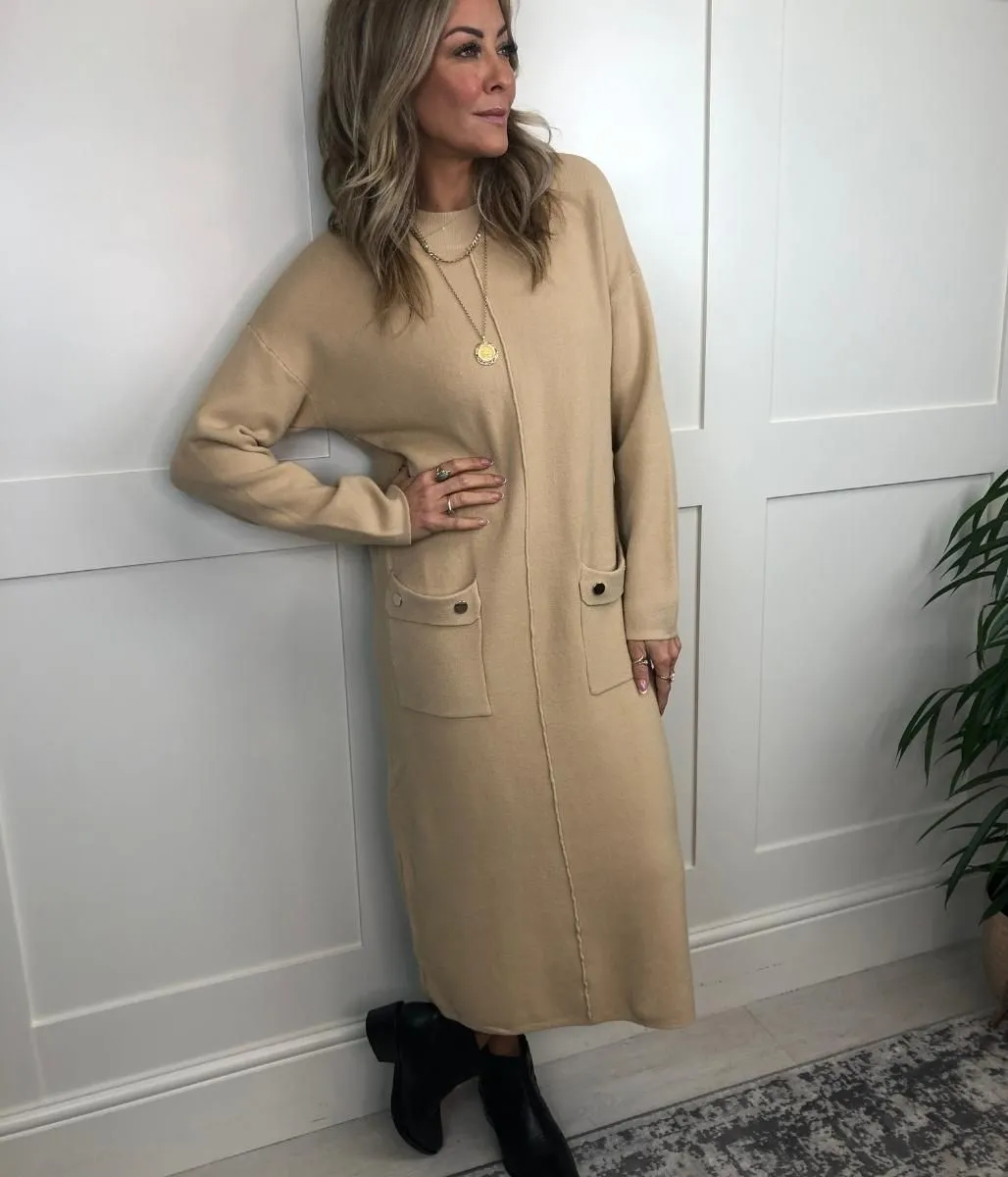 Camel Knitted Midi Pocket Dress Mini-Length Simple Spirit