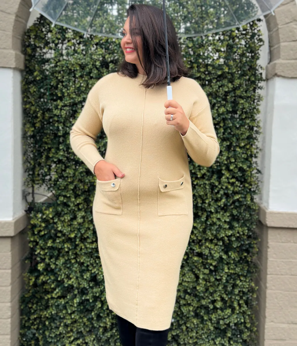 Camel Knitted Midi Pocket Dress Layered Style Quiet Luxury