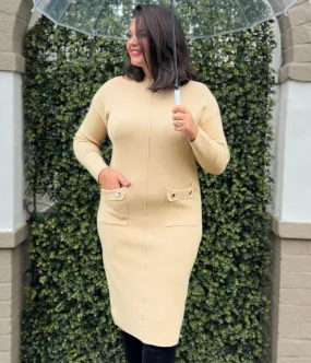 Camel Knitted Midi Pocket Dress Layered Style Quiet Luxury