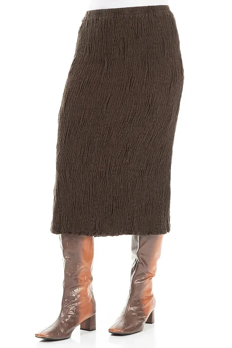 Clean Fit Forest Brown Textured Silk Linen Pencil Skirt