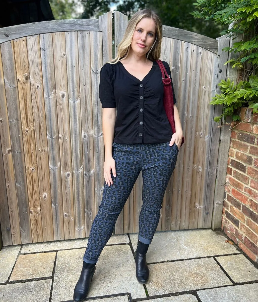 Black Button Through Ruched Top Matte Tone
