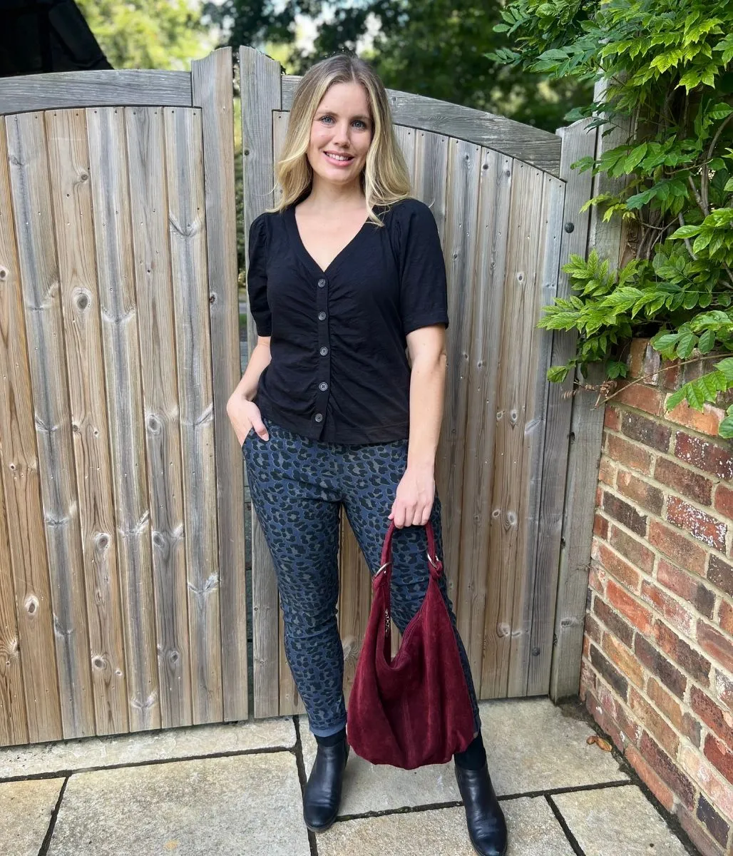 Black Button Through Ruched Top Relaxed Fashion Active Apparel