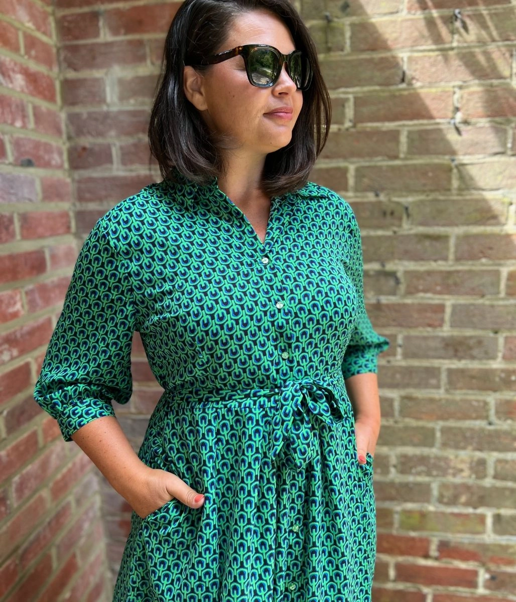 Green Geo Print Midi Shirt Dress Spring Garden